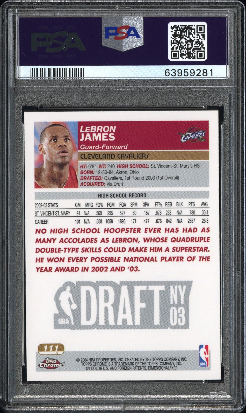 2003 Topps Chrome LeBron James #111 PSA 9