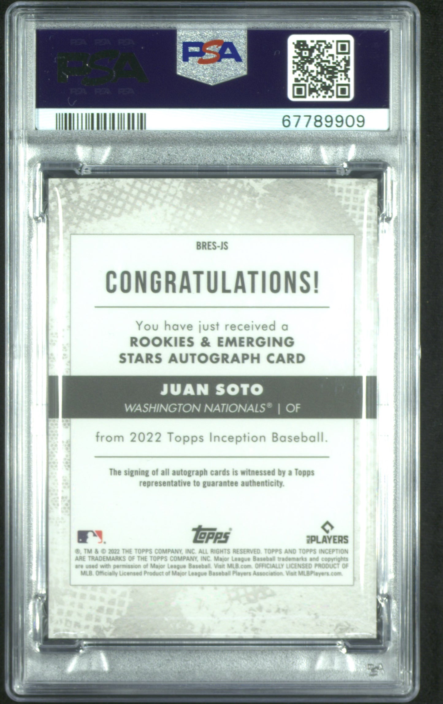 2022 Topps Inception Rookie And Emerging Stars Auto Juan Soto Orange PSA 10 /25