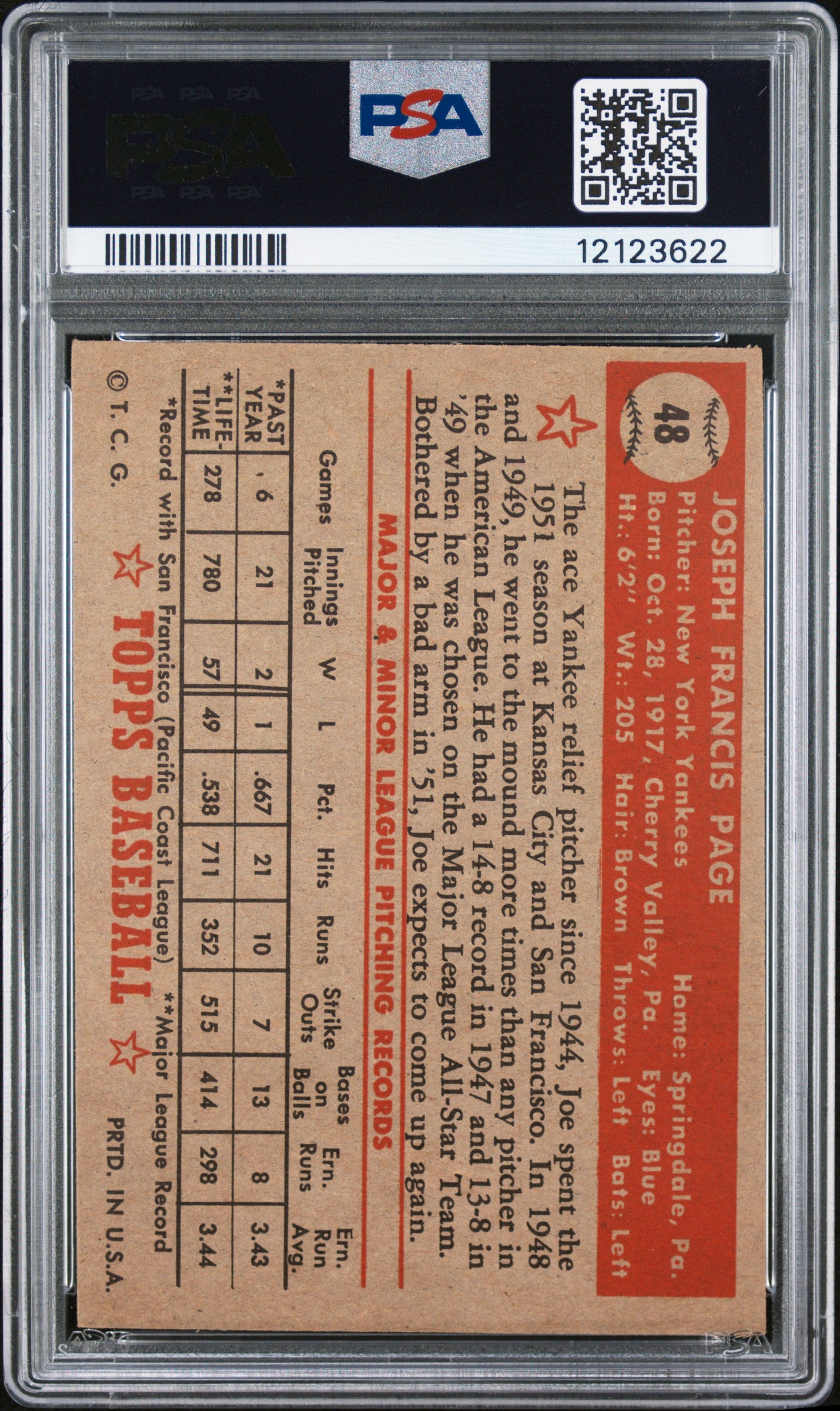 1952 Topps Joe Page #48 Correct Bio PSA 7