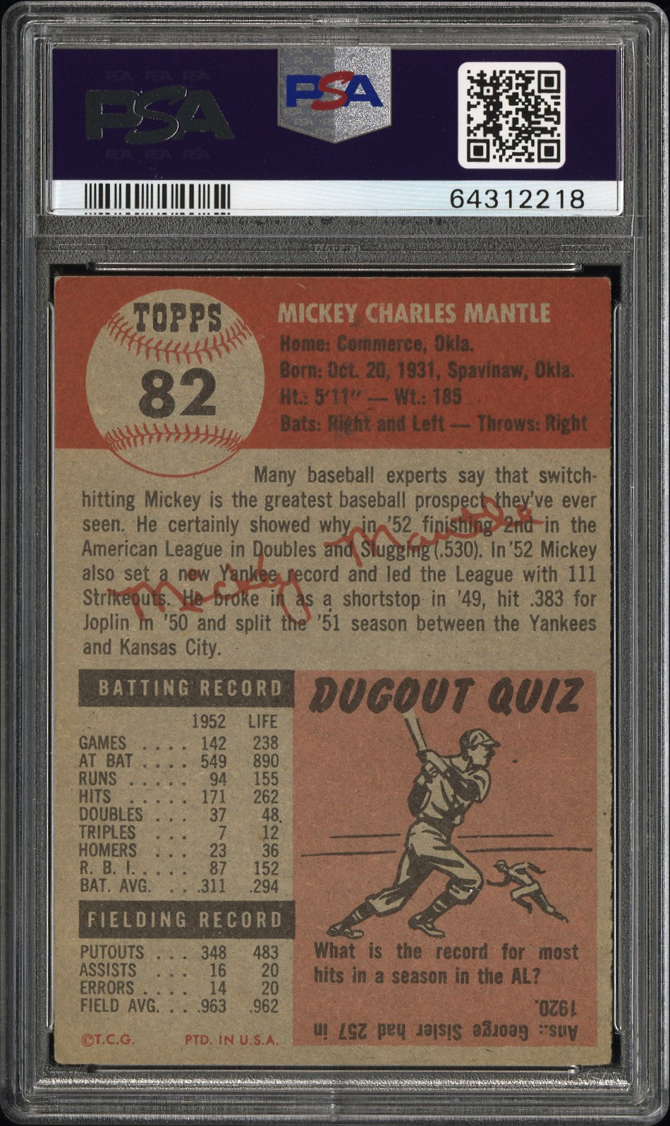 1953 Topps Mickey Mantle #82 PSA 4
