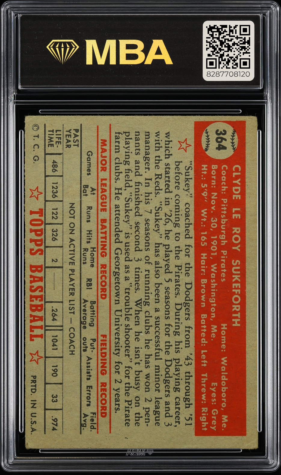 1952 Topps Clyde Sukeforth #364 MBA 3.5