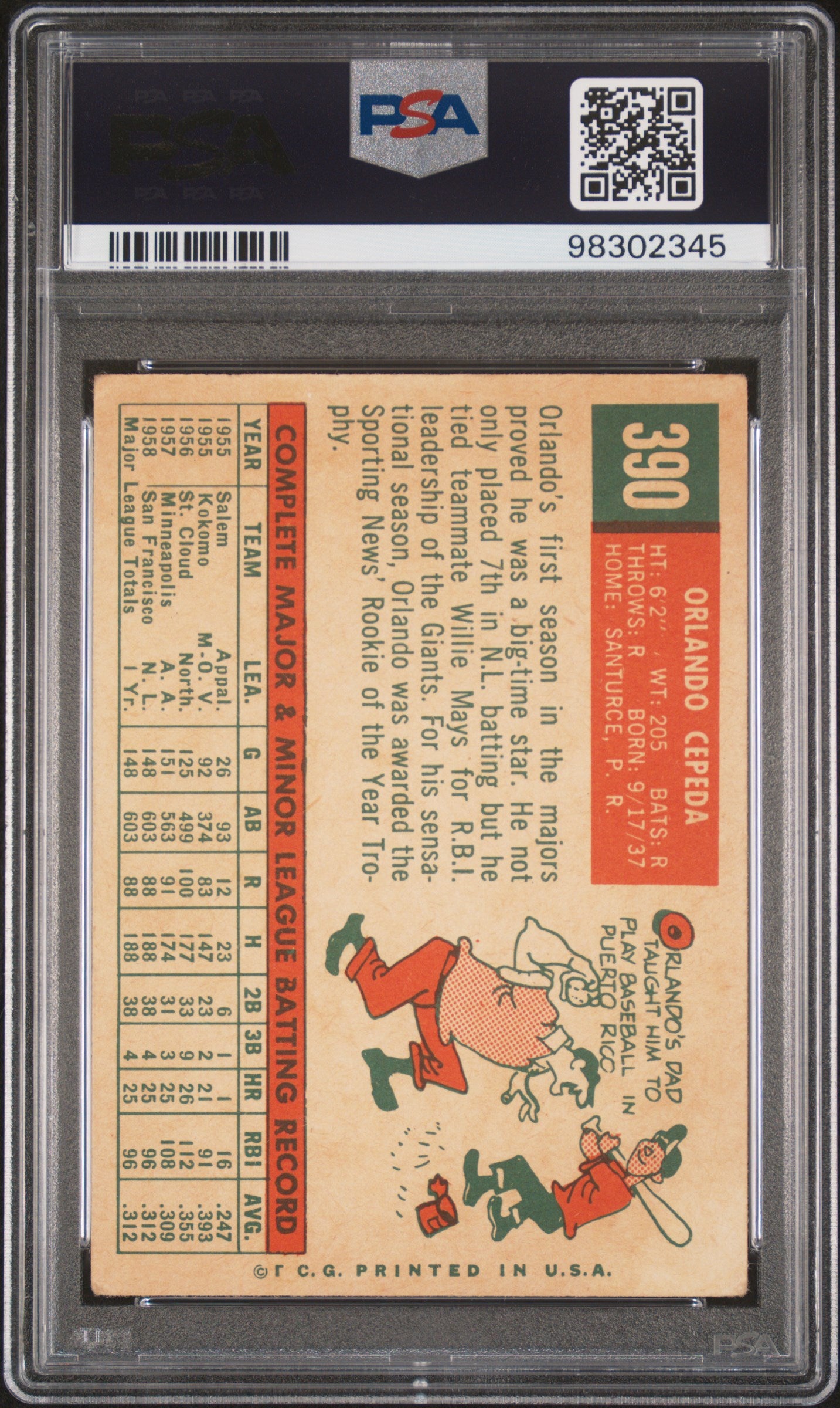 1959 Topps Orlando Cepeda #390 PSA 3 Auto 10