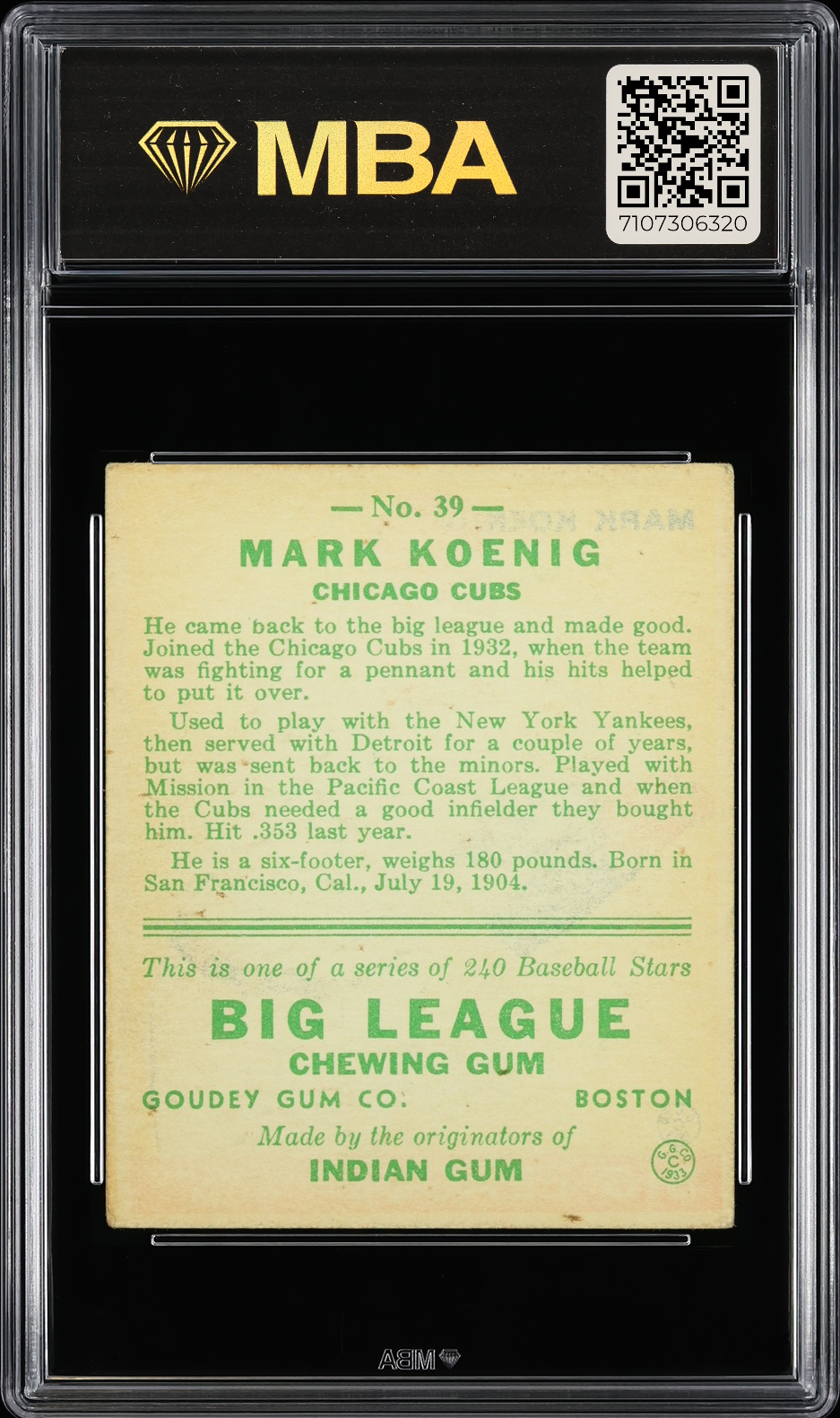 1933 Goudey Mark Koenig #39 MBA 3