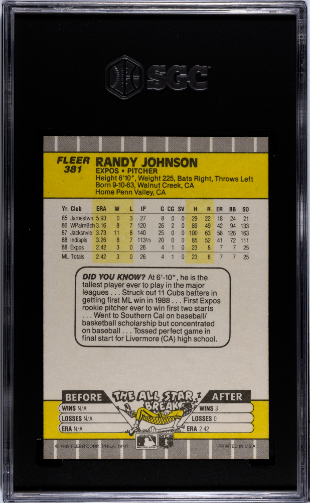 1989 Fleer Randy Johnson #381 Ad Obscured SGC 8