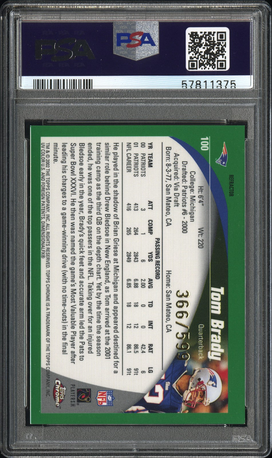 2002 Topps Chrome Tom Brady #100 Black Refractor PSA 9