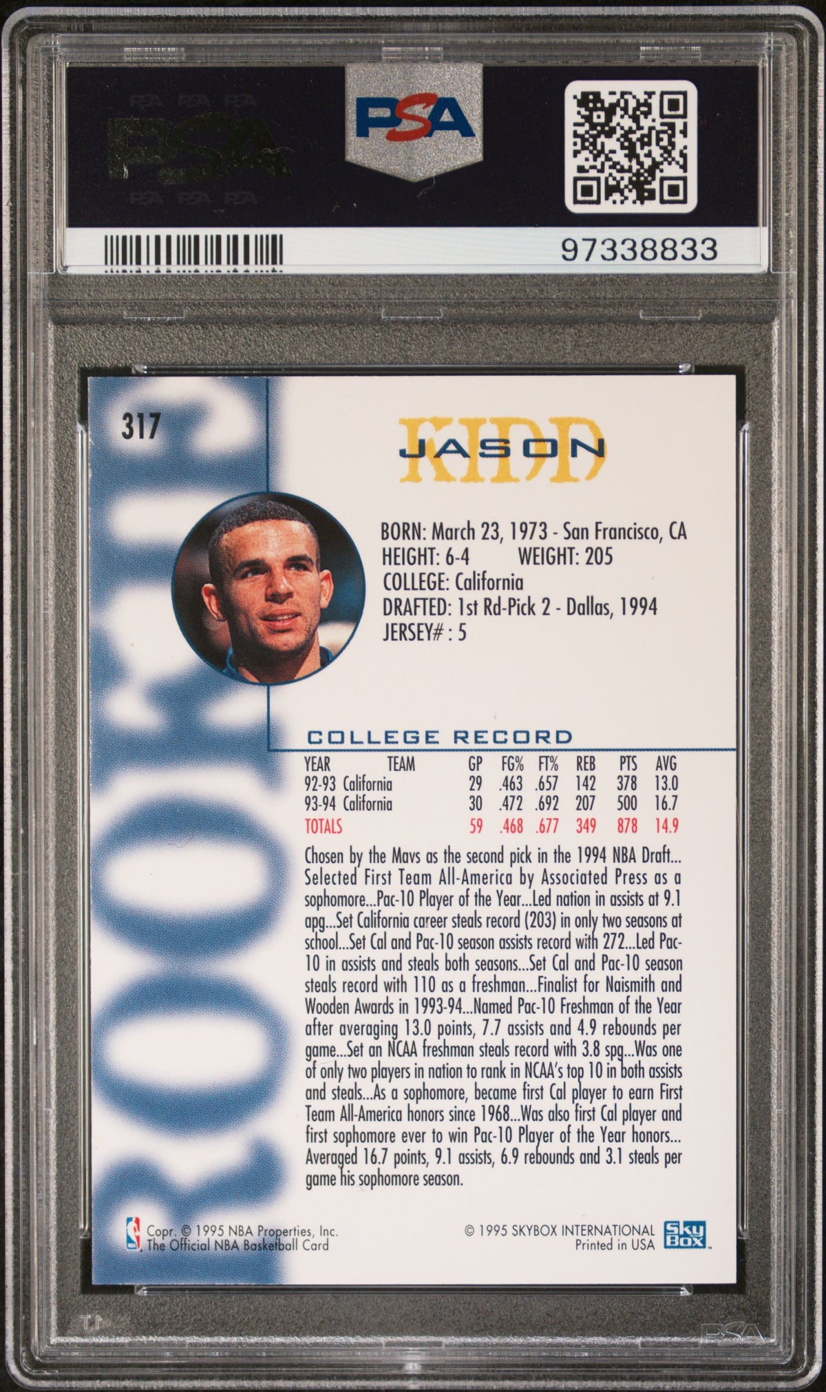1994 Hoops Jason Kidd #317 PSA 9 Auto 10