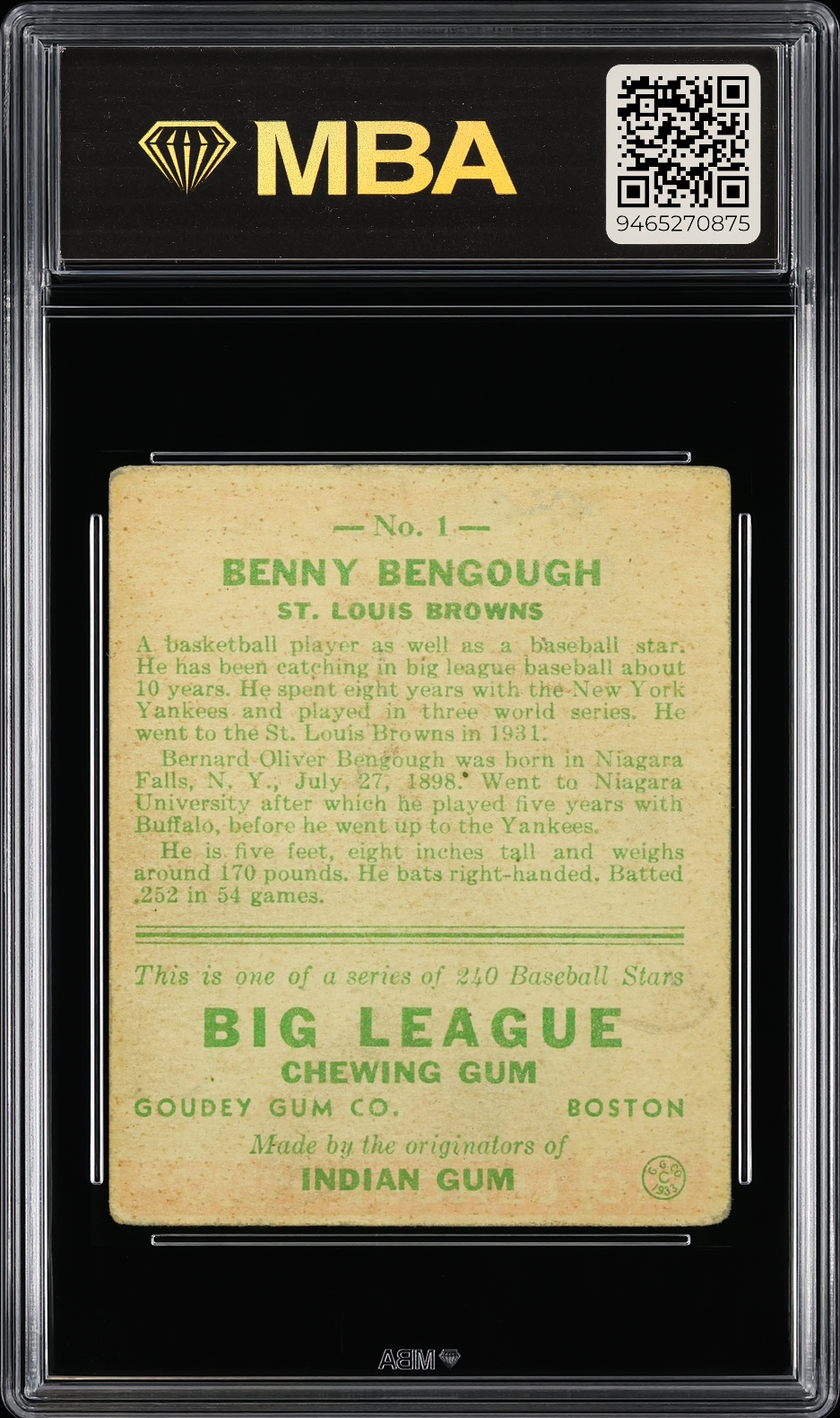 1933 Goudey Benny Bengough #1 MBA 2