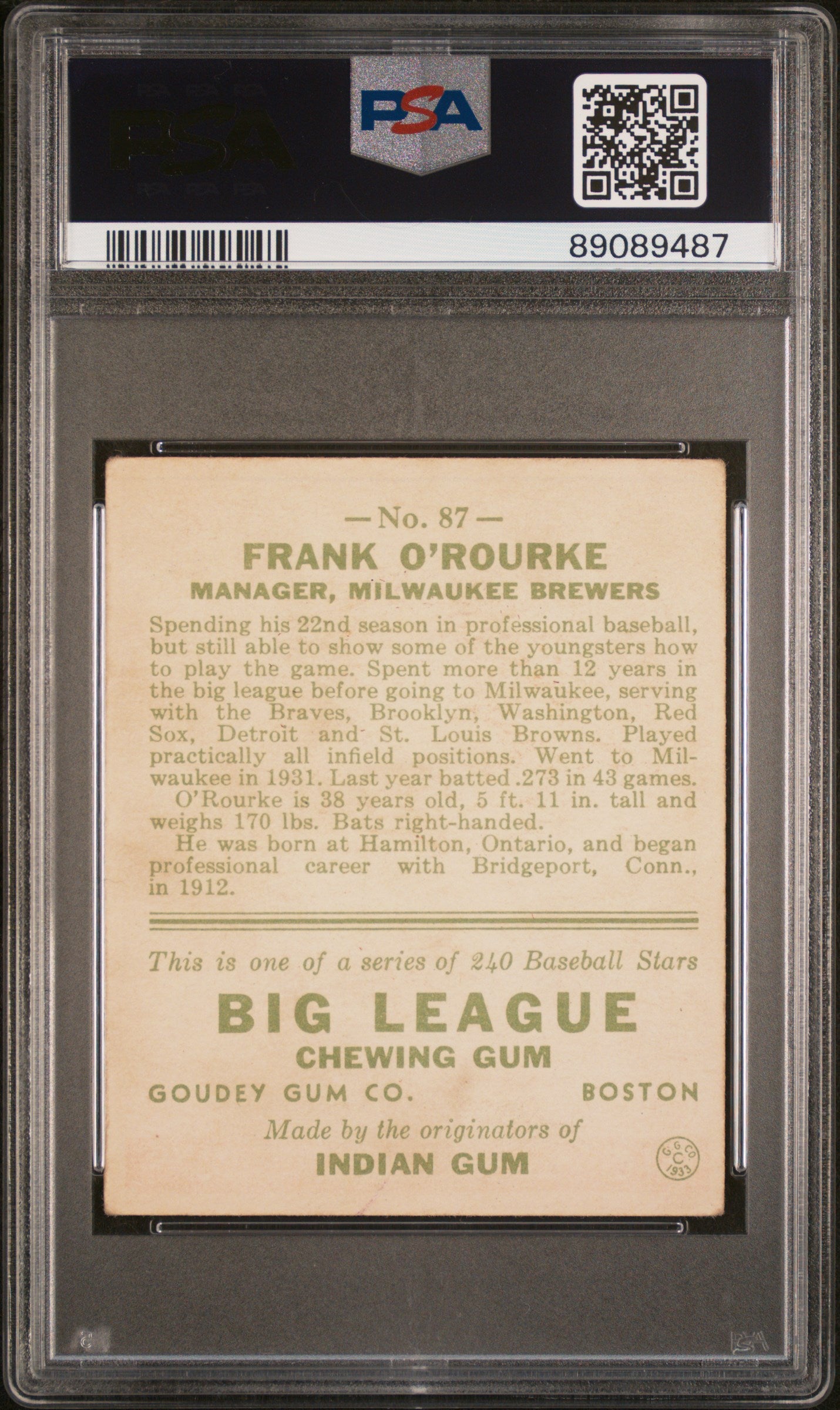 1933 Goudey Frank O'rourke #87 PSA 2
