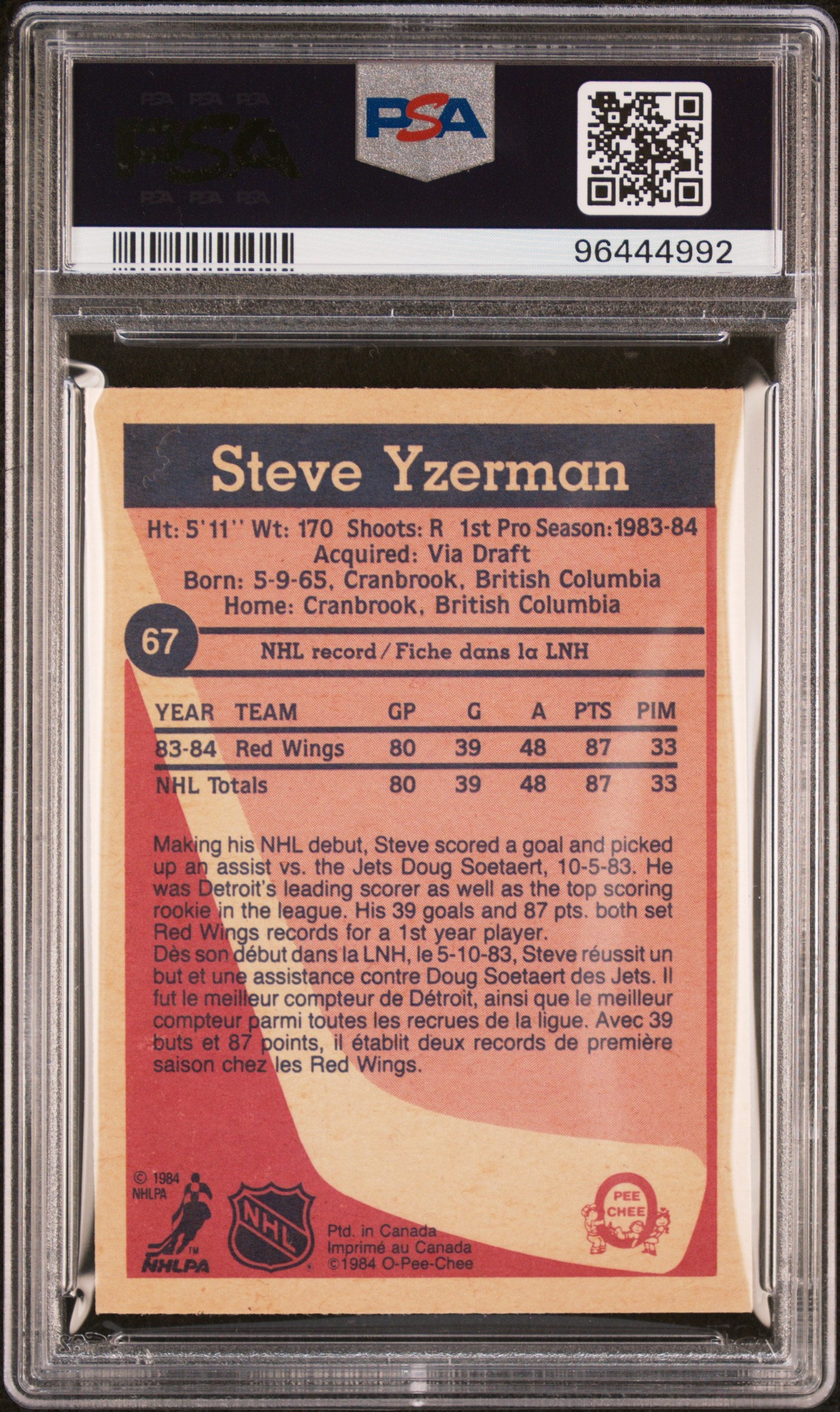 1984 O-Pee-Chee Steve Yzerman #67 PSA 6 Auto 9