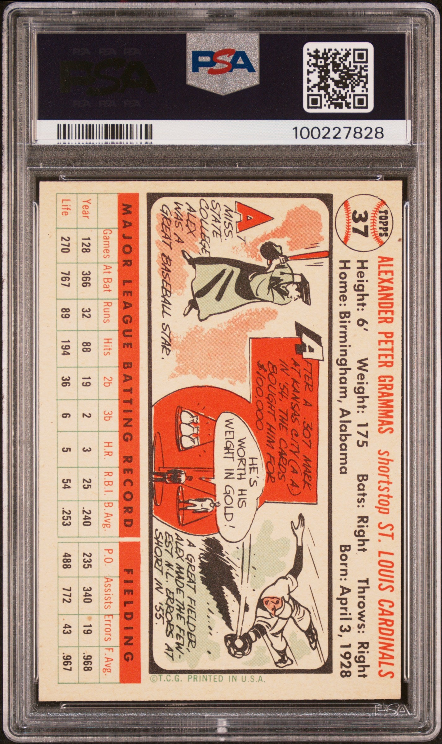 1956 Topps Alex Grammas #37 White Back PSA 7