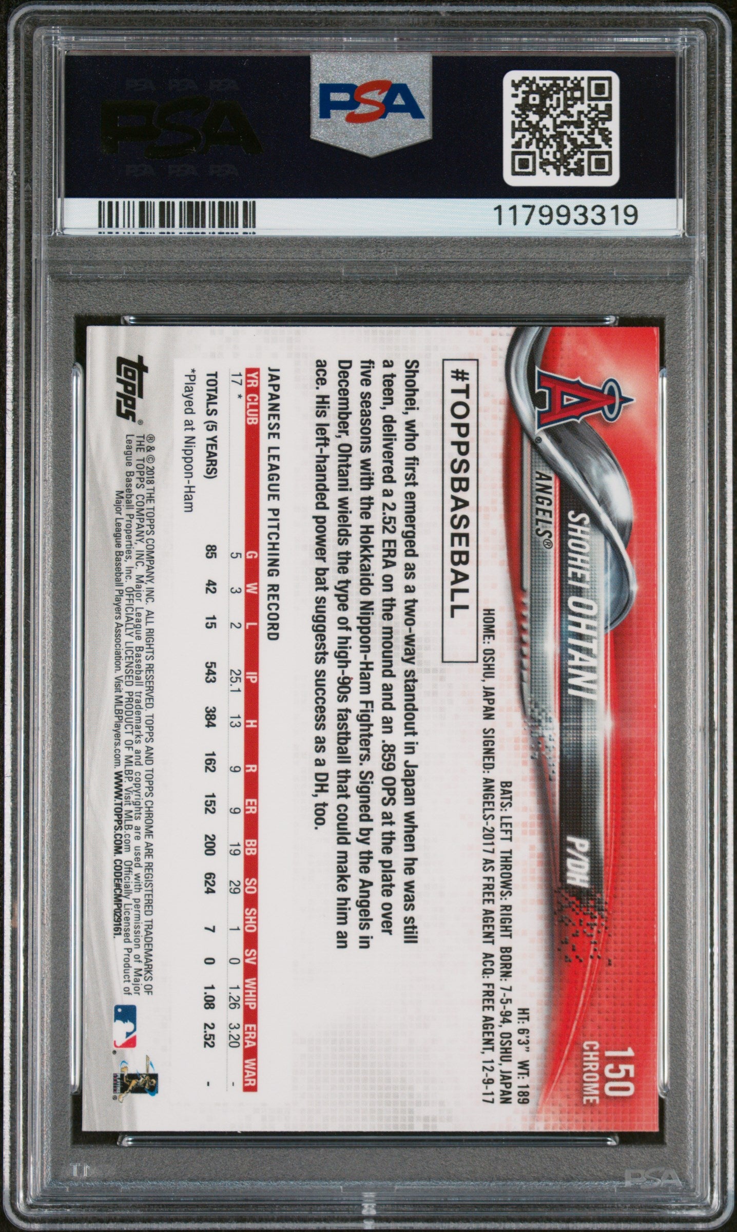 2018 Topps Chrome Shohei Ohtani #150 PSA 9