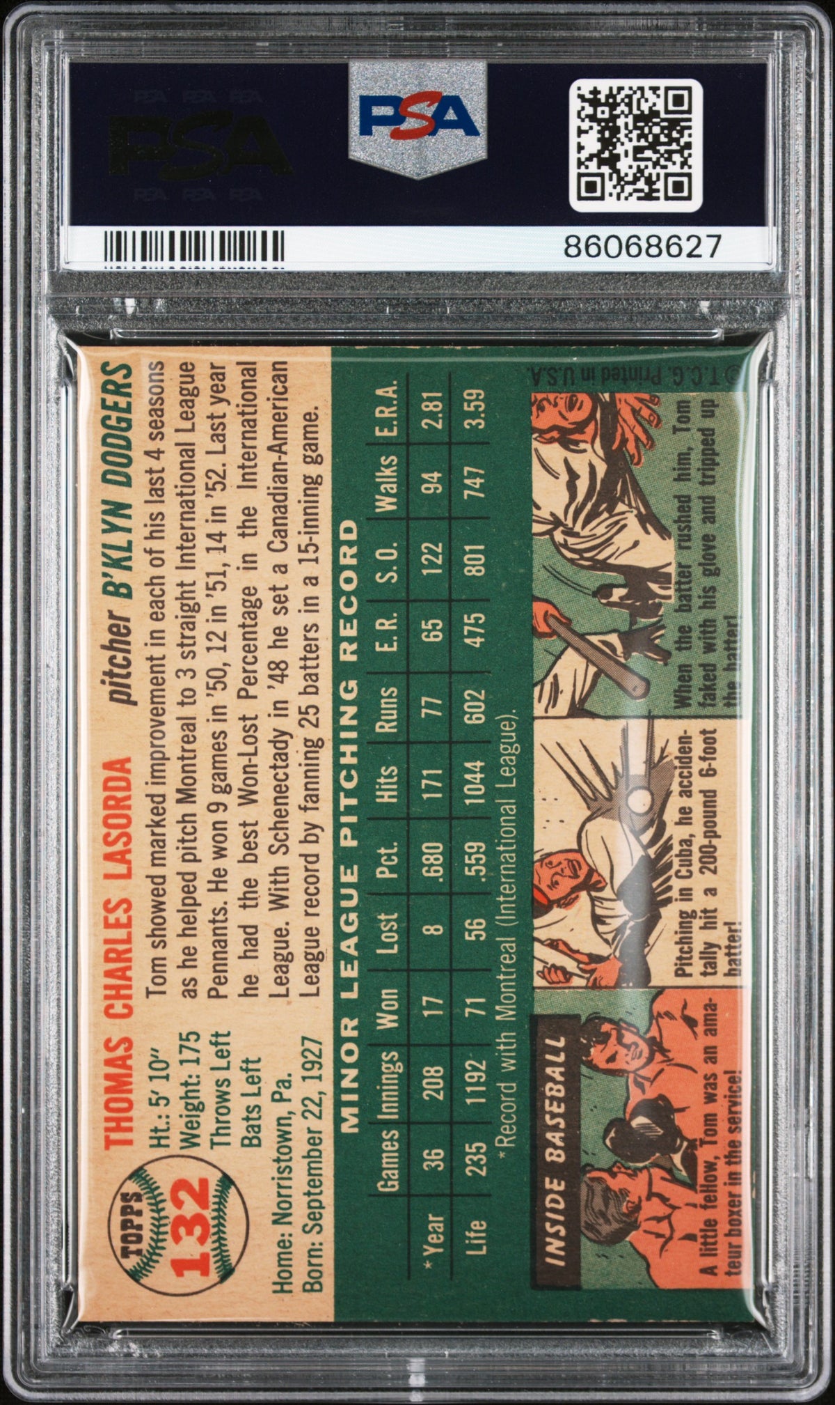 1954 Topps Tom Lasorda #132 PSA A