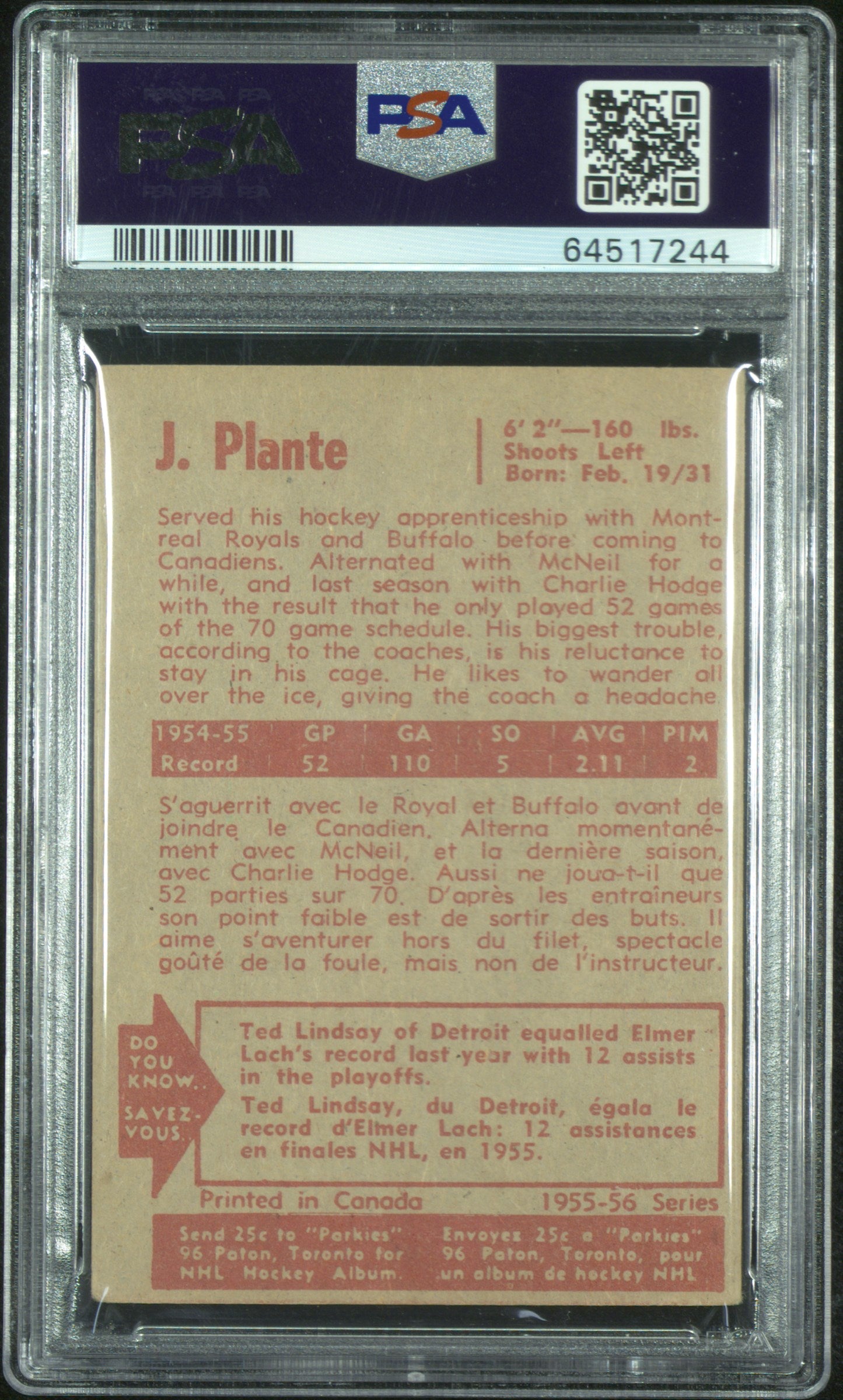 1955 Parkhurst Jacques Plante #50 PSA 3