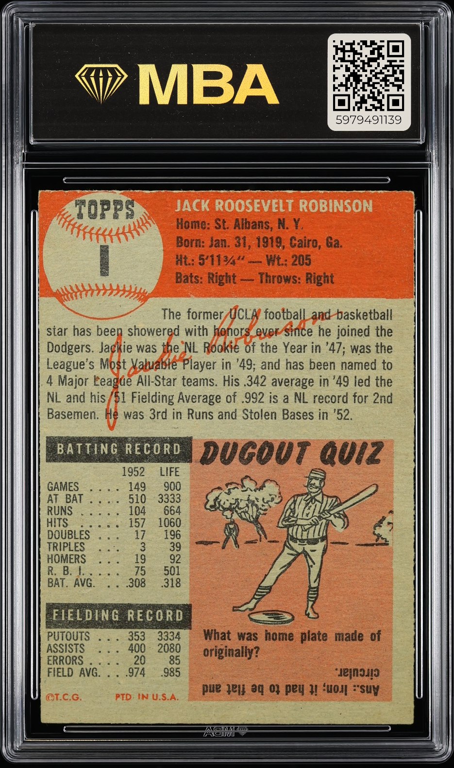 1953 Topps Jackie Robinson #1 MBA 5 MINSIZE
