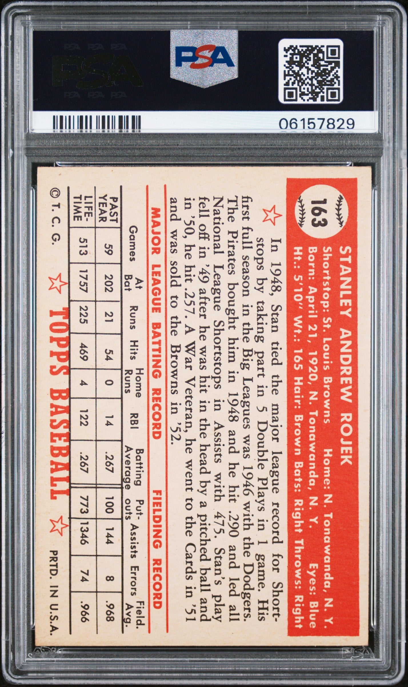 1952 Topps Stan Rojek #163 PSA 7