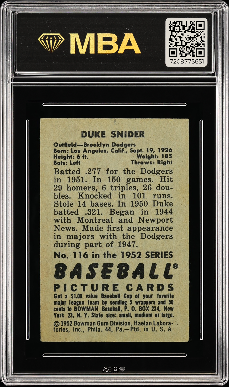 1952 Bowman Duke Snider #116 MBA 3