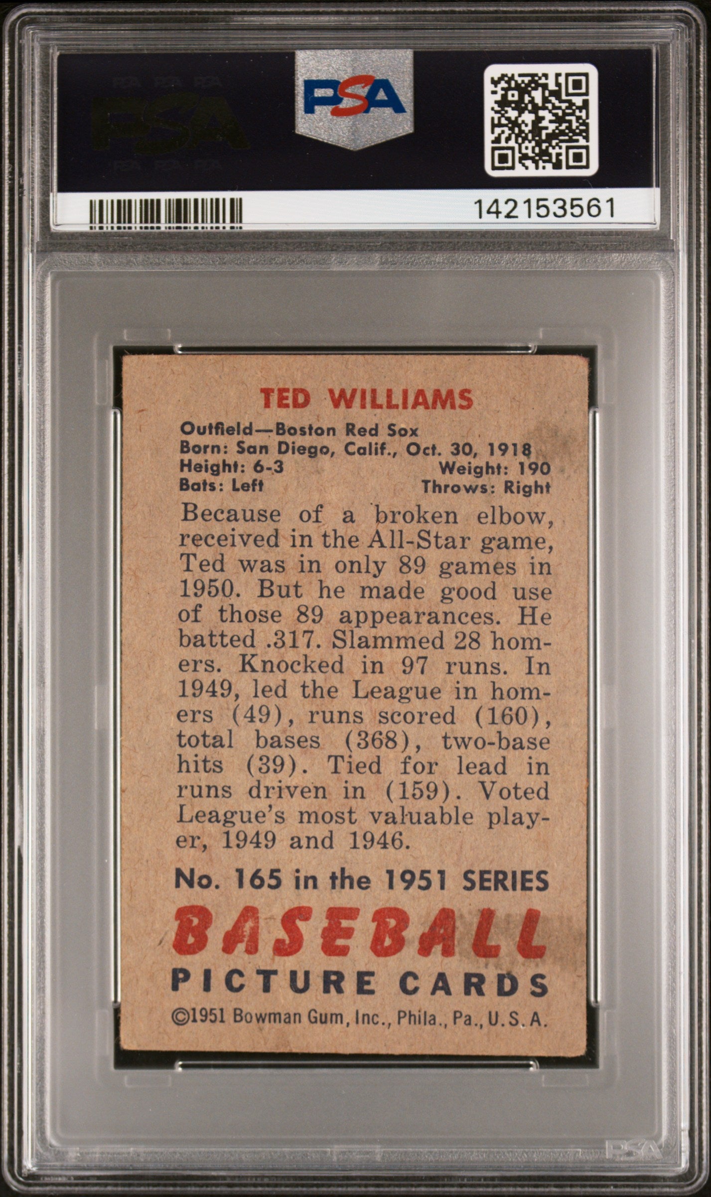 1951 Bowman Ted Williams #165 PSA 2