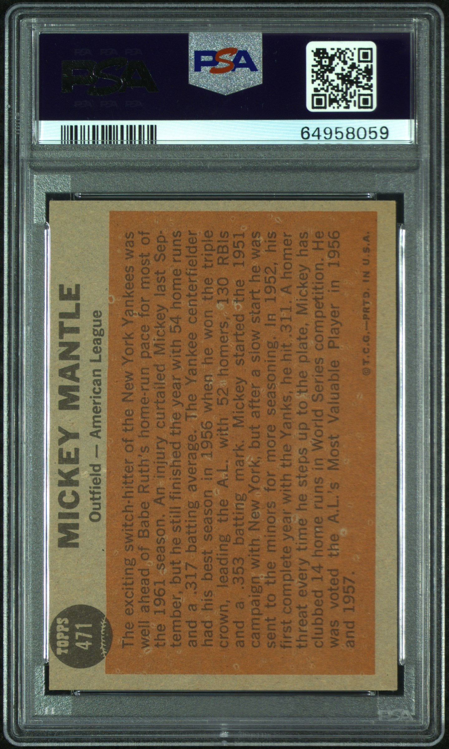1962 Topps Mickey Mantle #471 All Star PSA 7