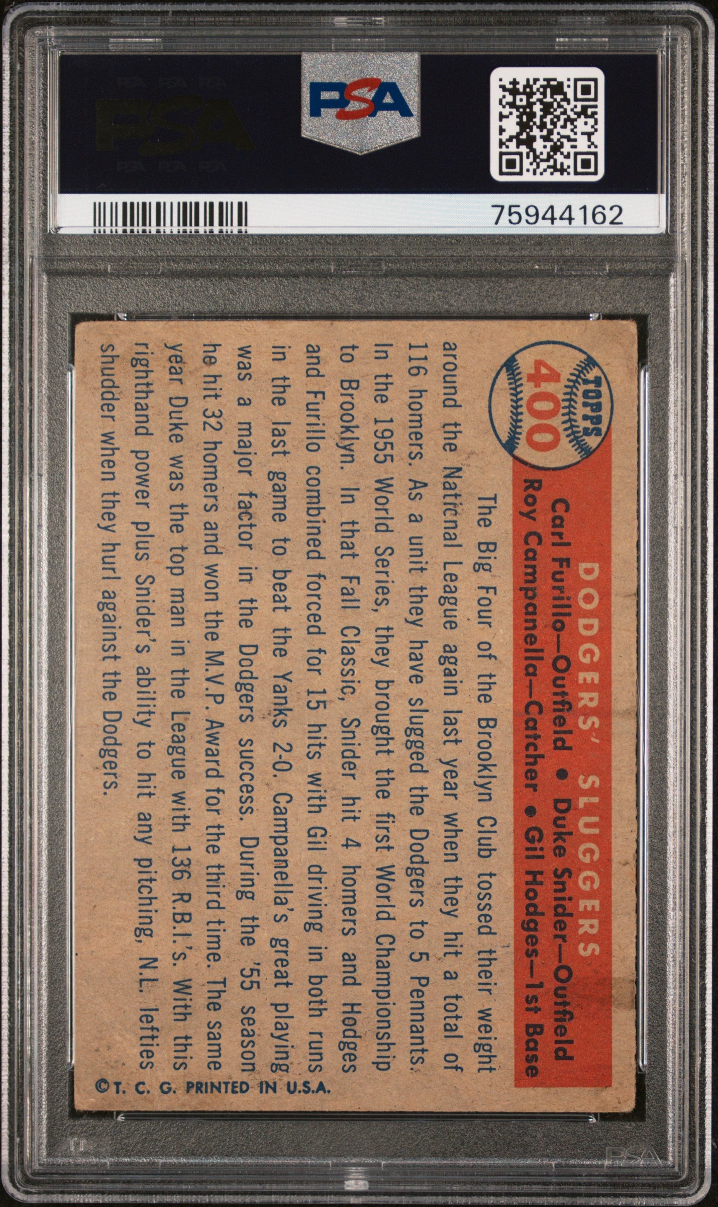 1957 Topps Dodgers' Sluggers #400 Furillo Hodgs Camp Snider PSA 2