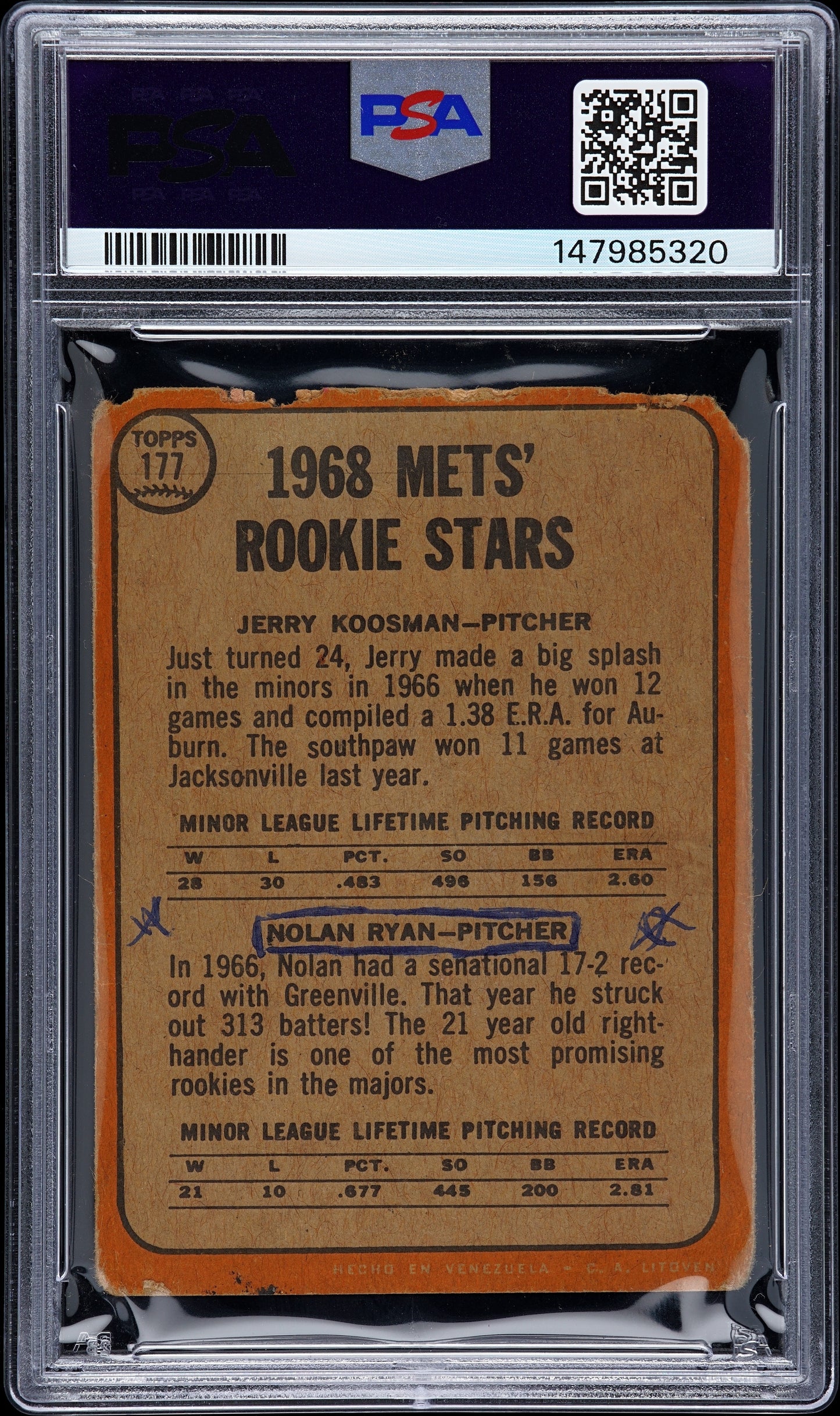 1968 Venezuela Topps Nolan Ryan #177 Mets Rookies PSA A Auto 10