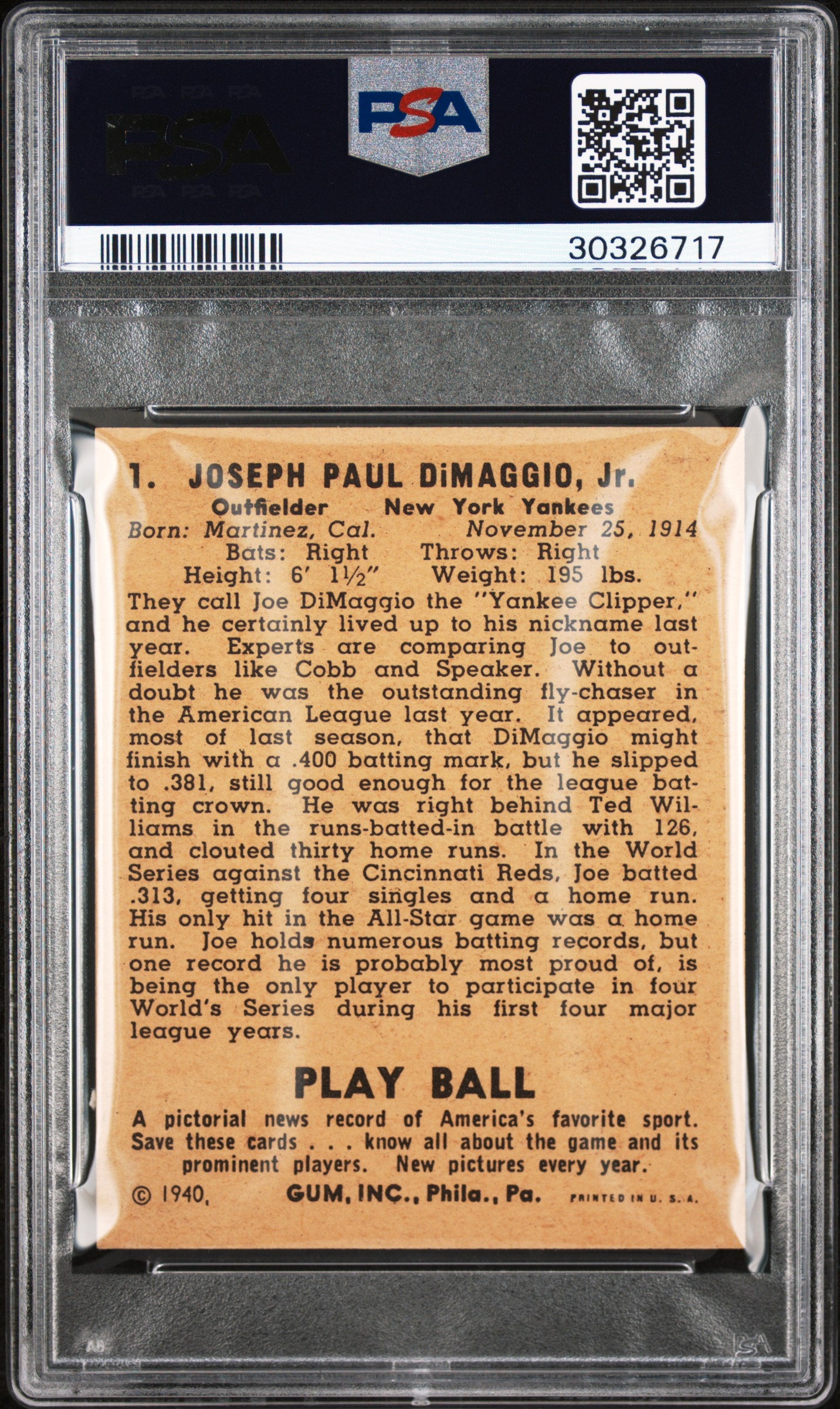 1940 Play Ball Joe Dimaggio #1 PSA 5