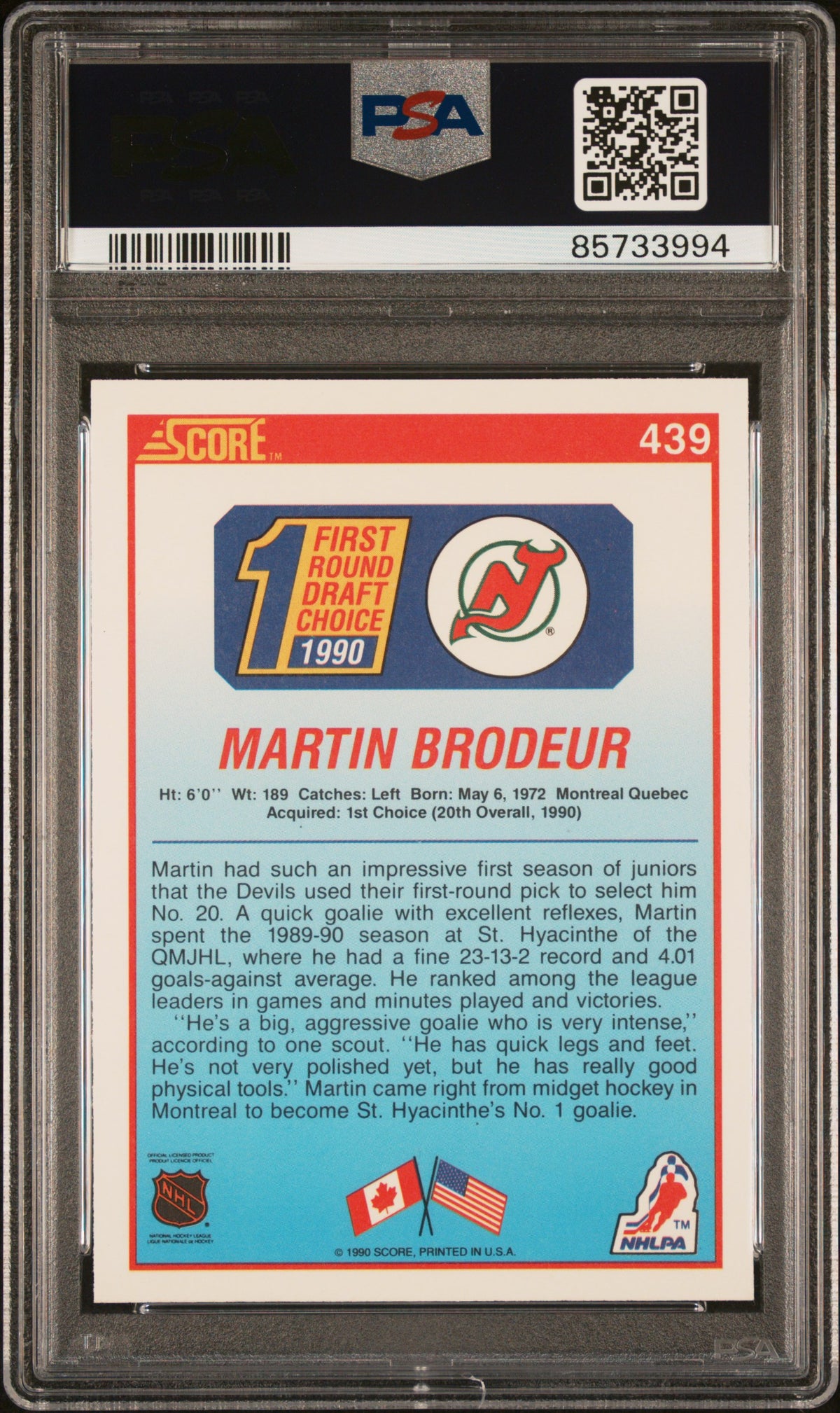 1990 Score Martin Brodeur #439 PSA 10