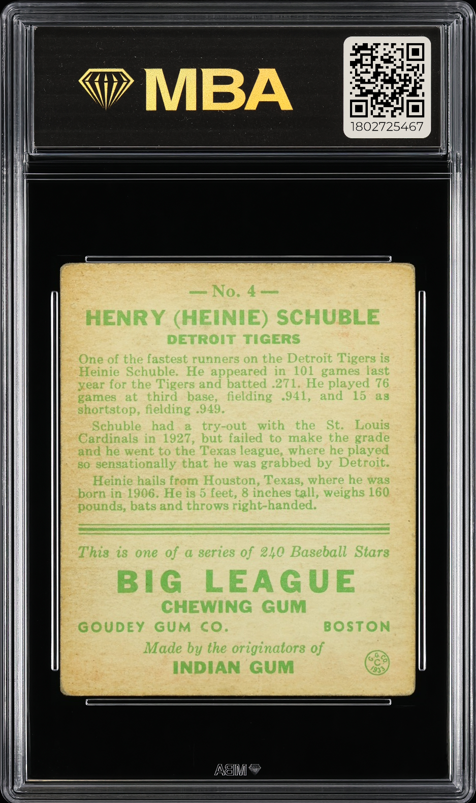 1933 Goudey Henry (Heinie) Schuble #4 MBA 3