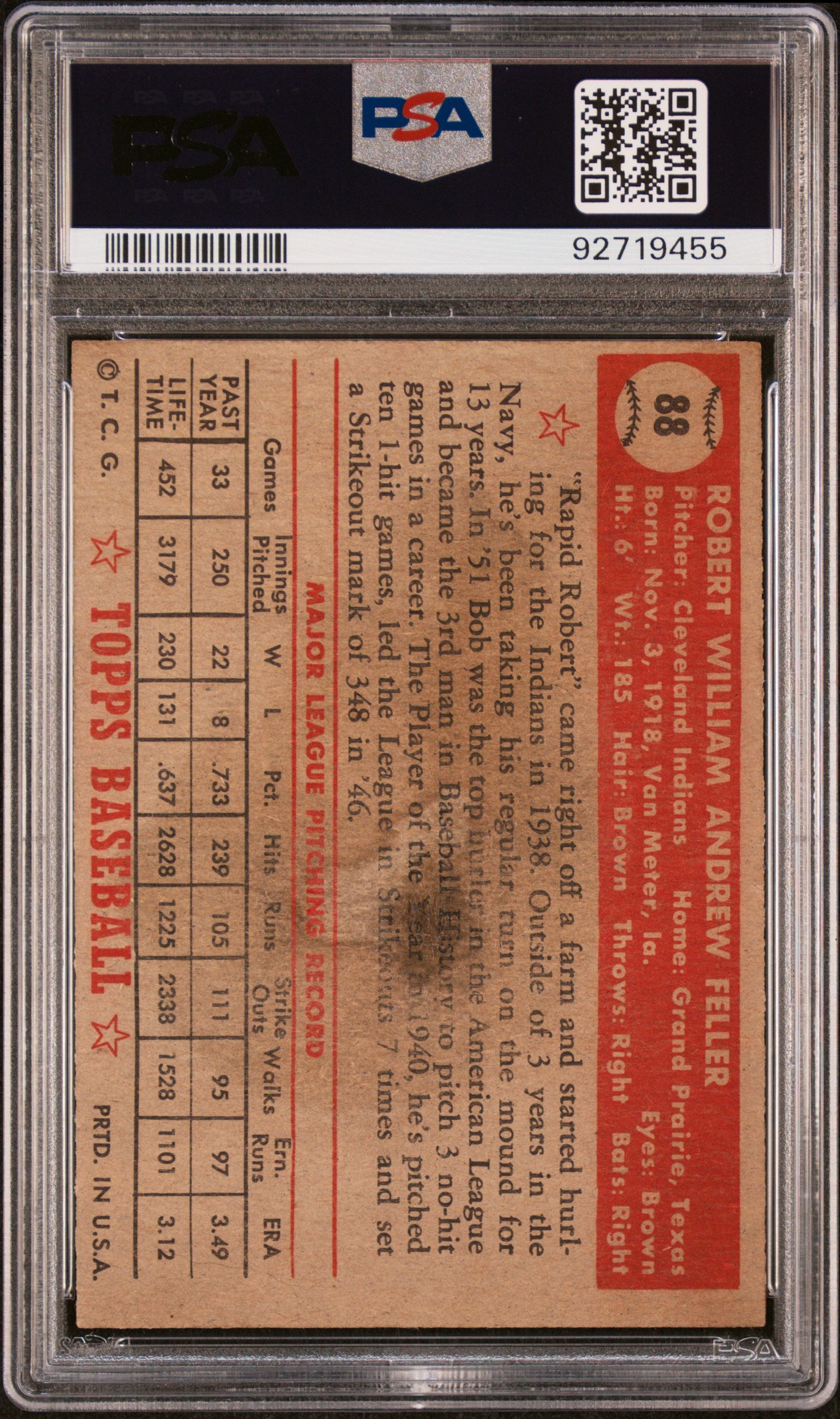 1952 Topps Bob Feller #88 PSA 2