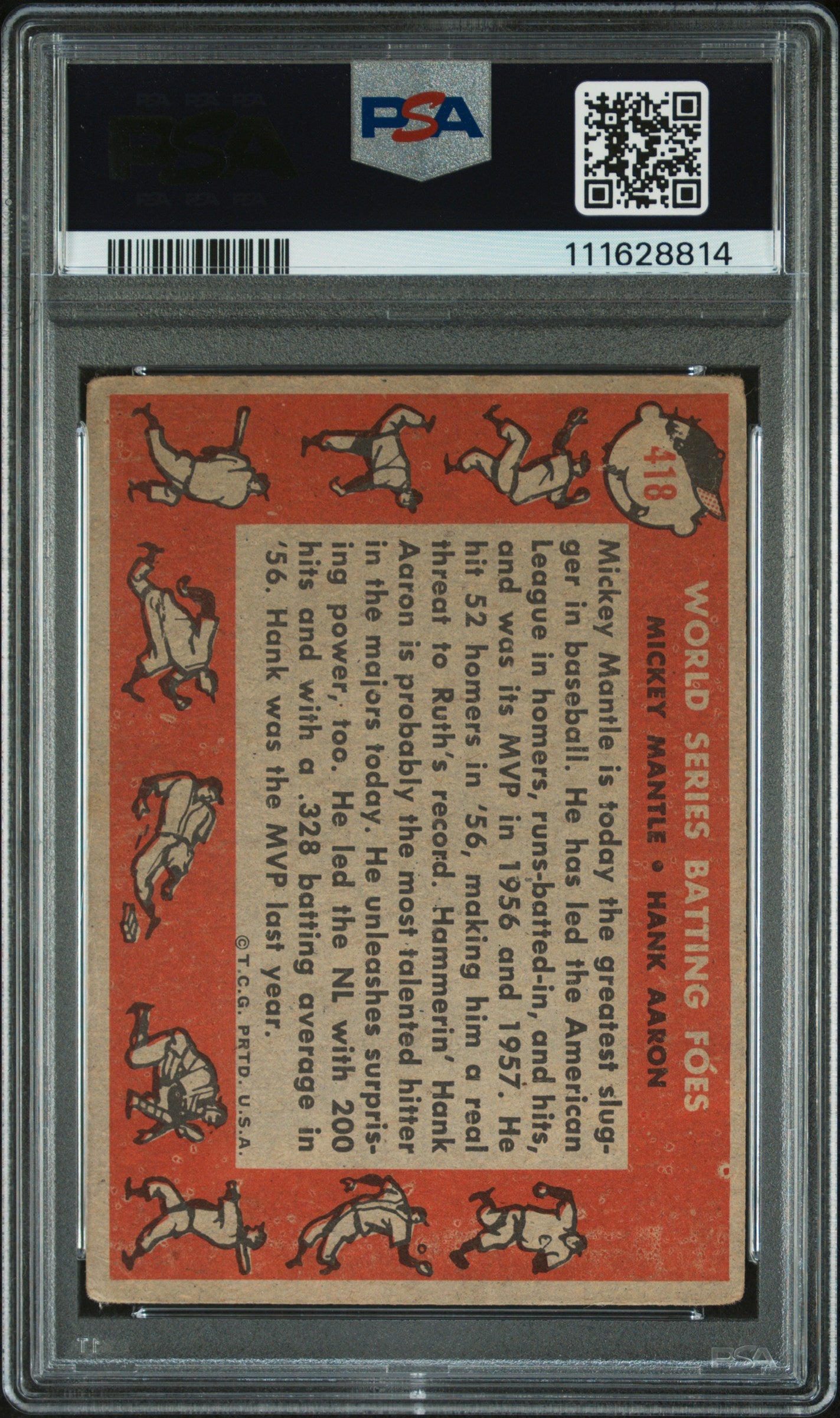 1958 Topps H. Aaron M. Mantle #418 W. S. Batting Foes PSA 2 Auto 9