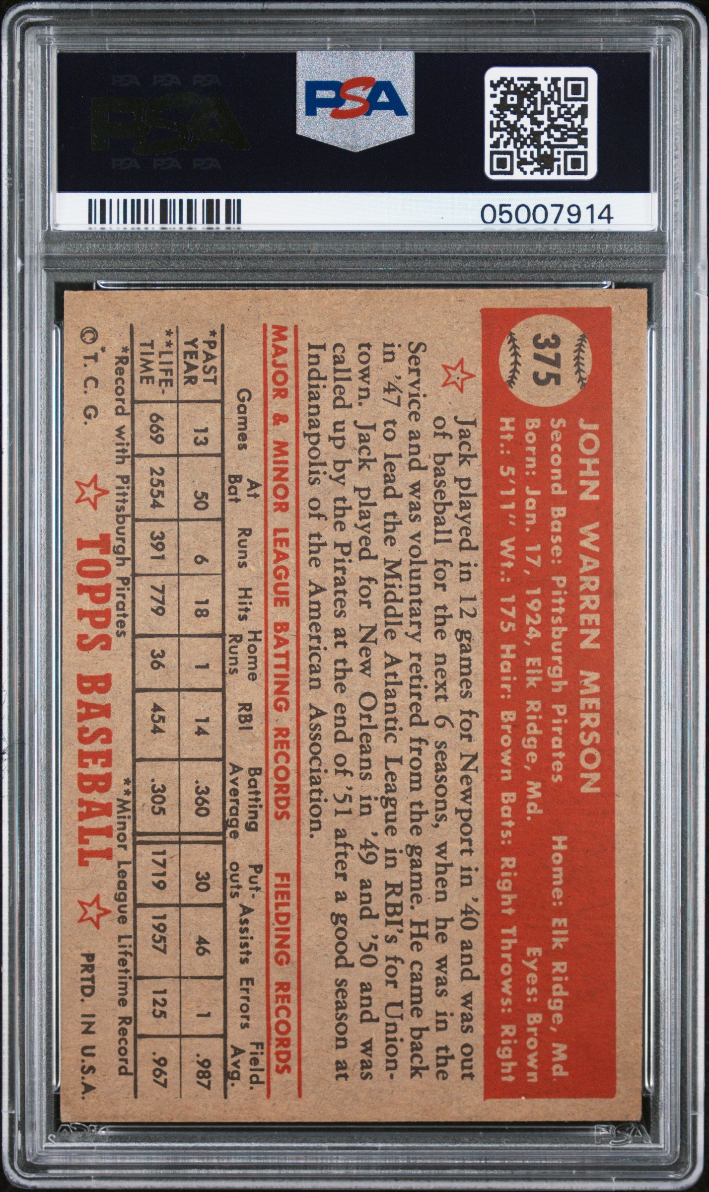 1952 Topps Jack Merson #375 PSA 7