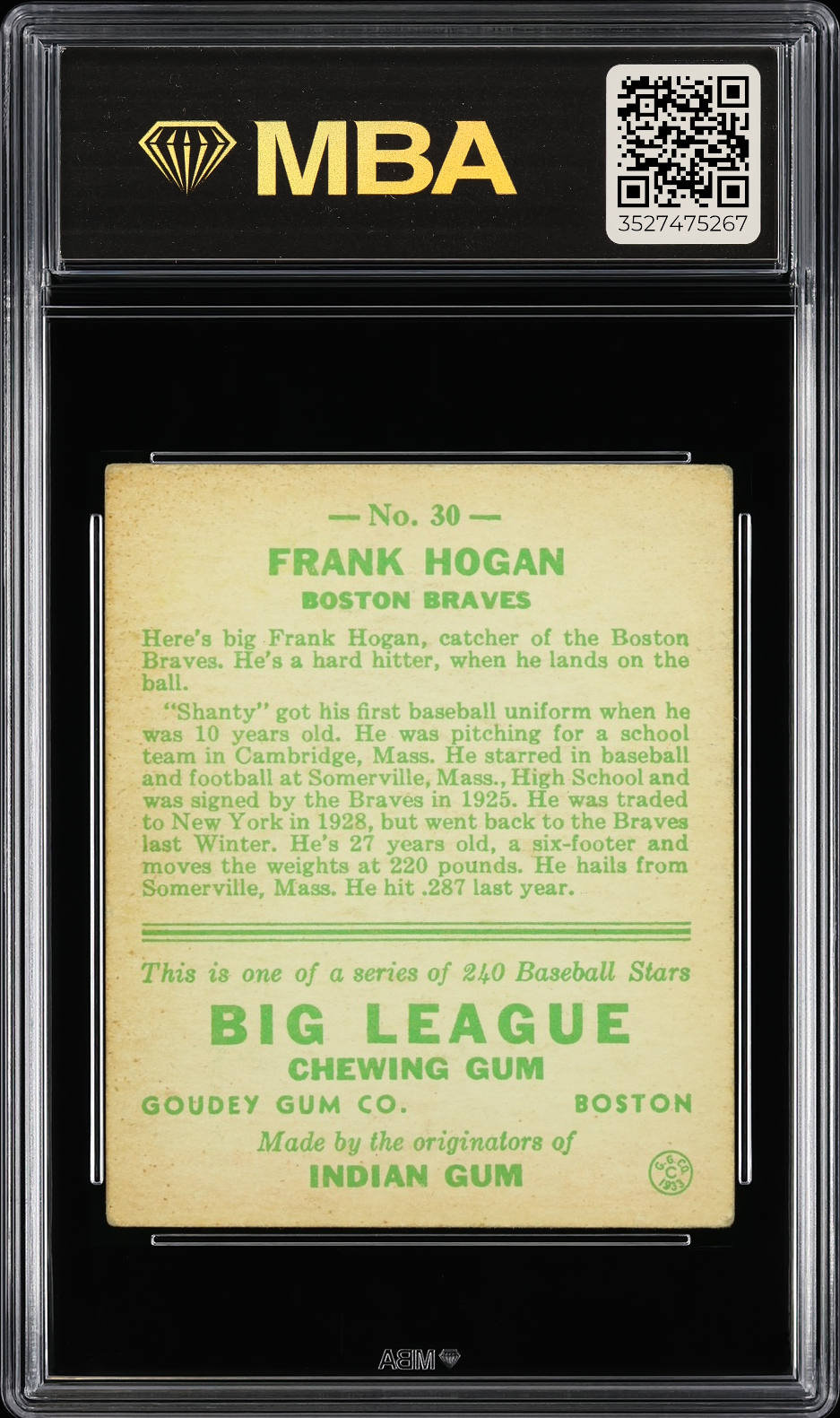 1933 Goudey Frank Hogan #30 MBA 4