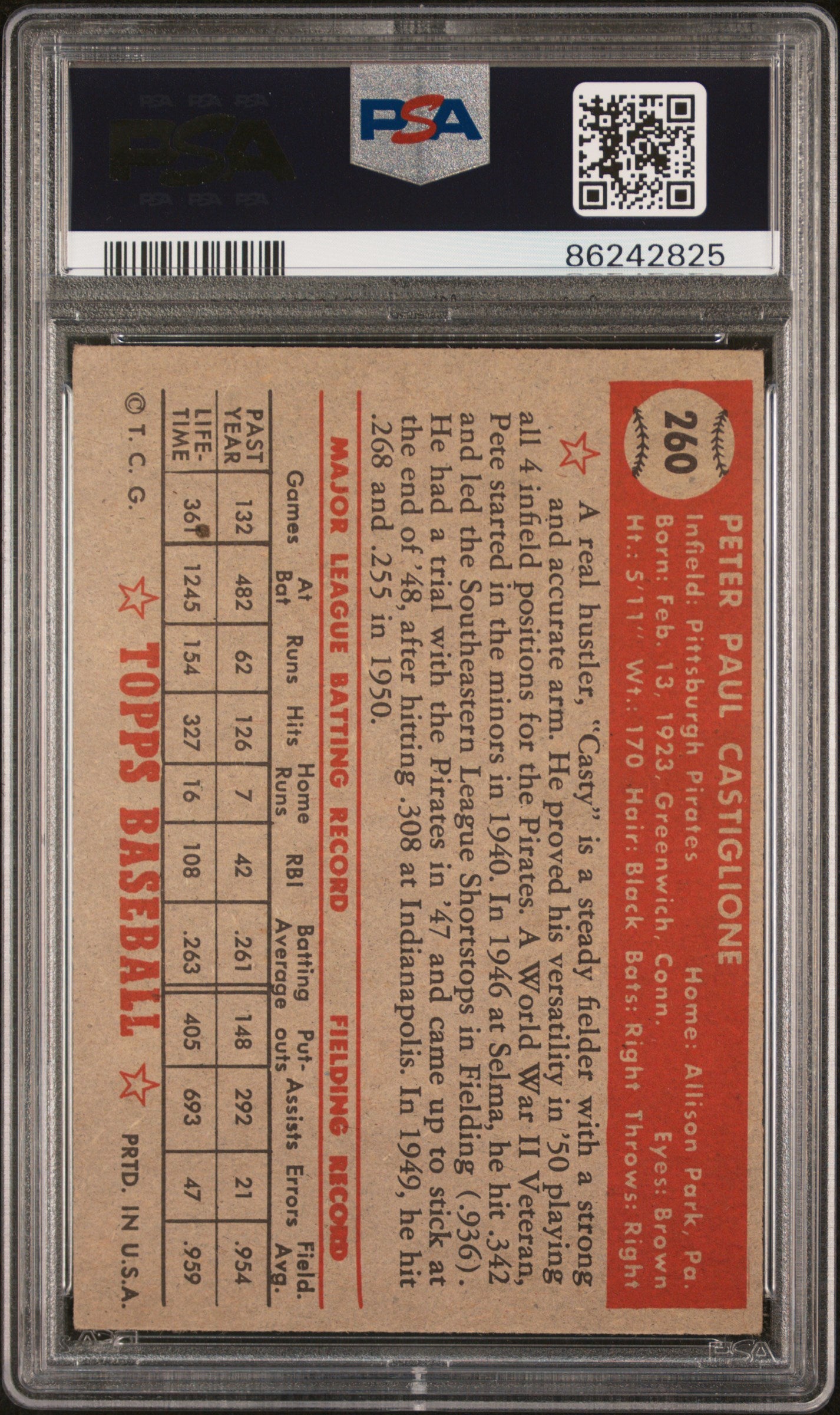 1952 Topps Pete Castiglione #260 PSA 4