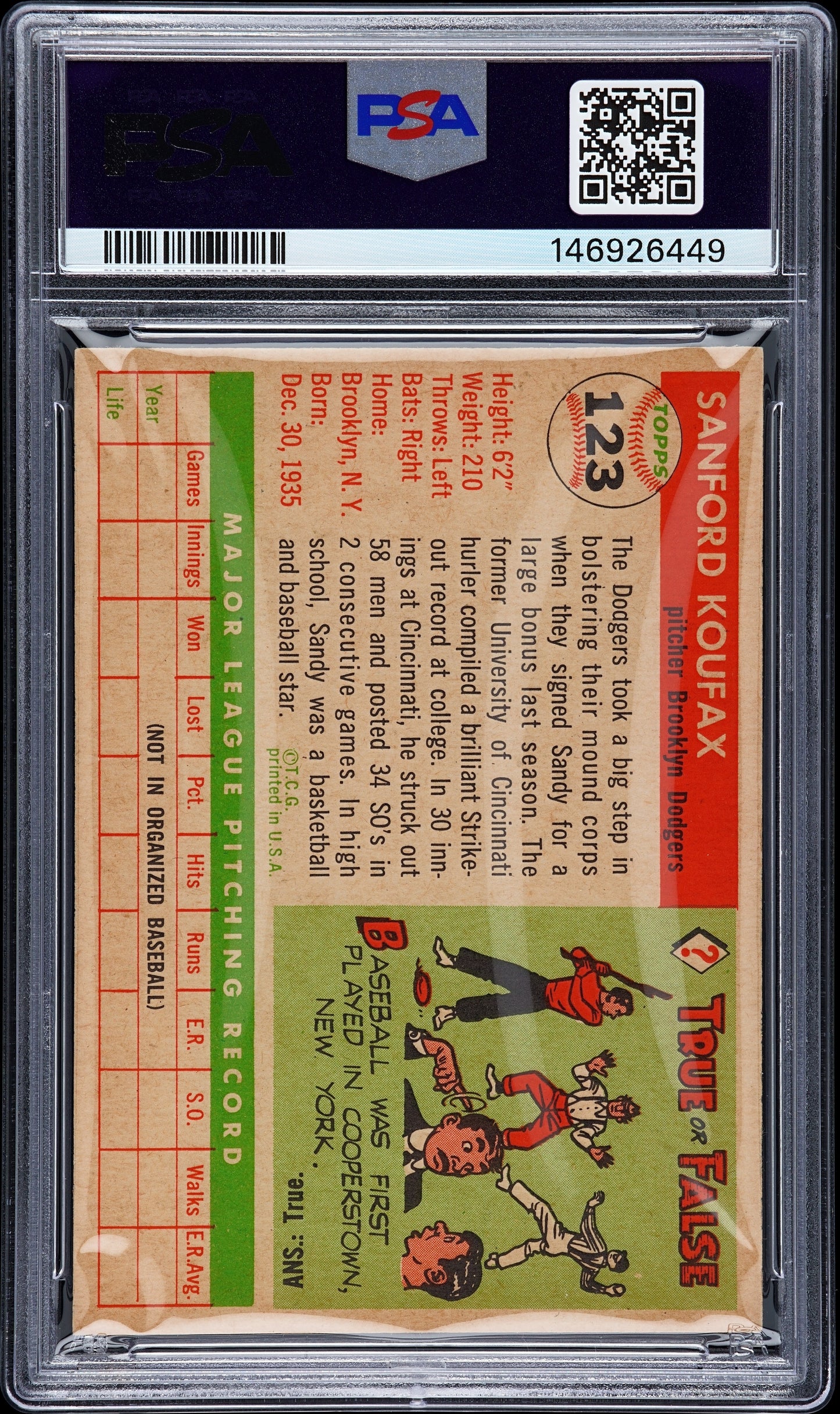 1955 Topps Sandy Koufax #123 PSA 7