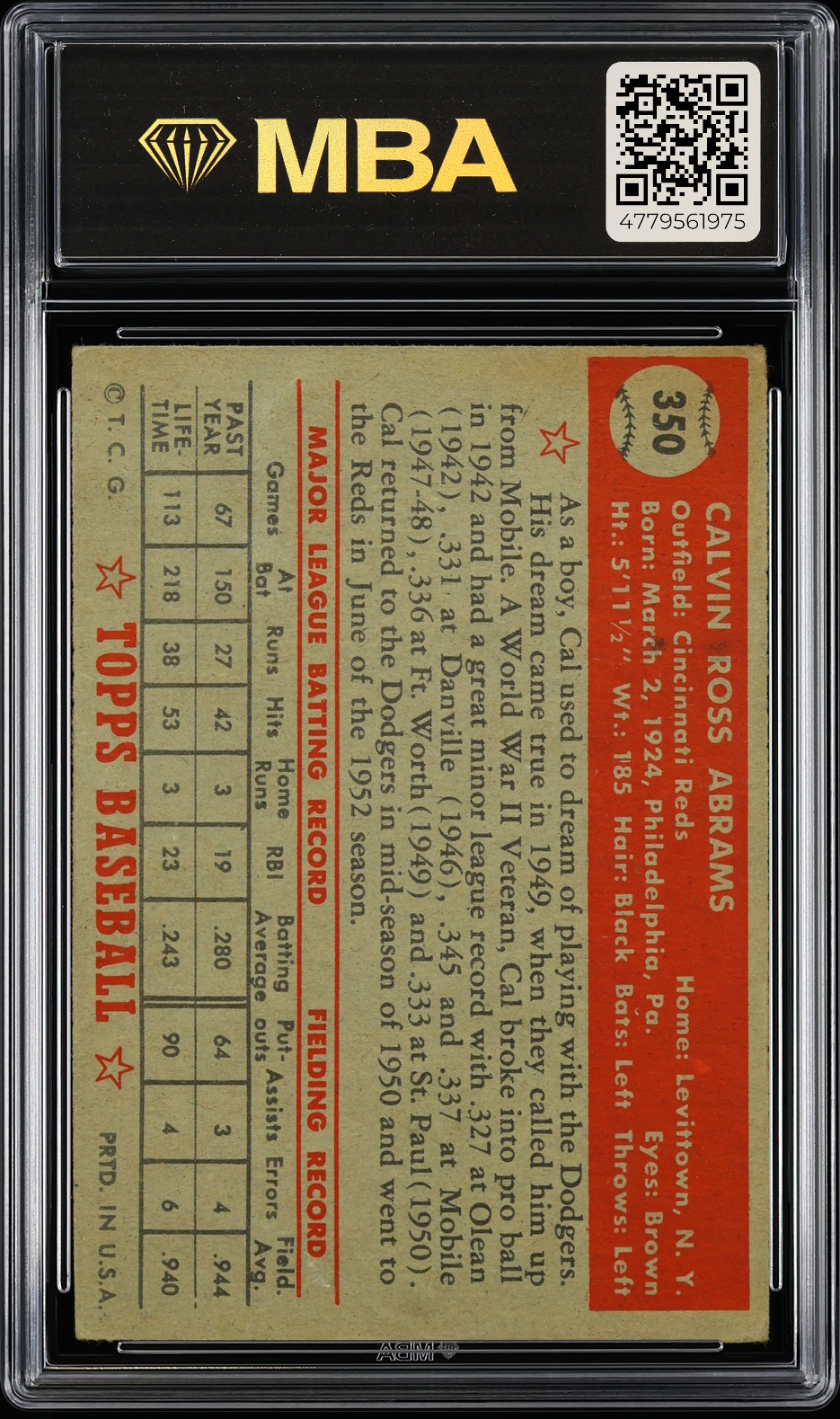 1952 Topps Cal Abrams #350 MBA 2