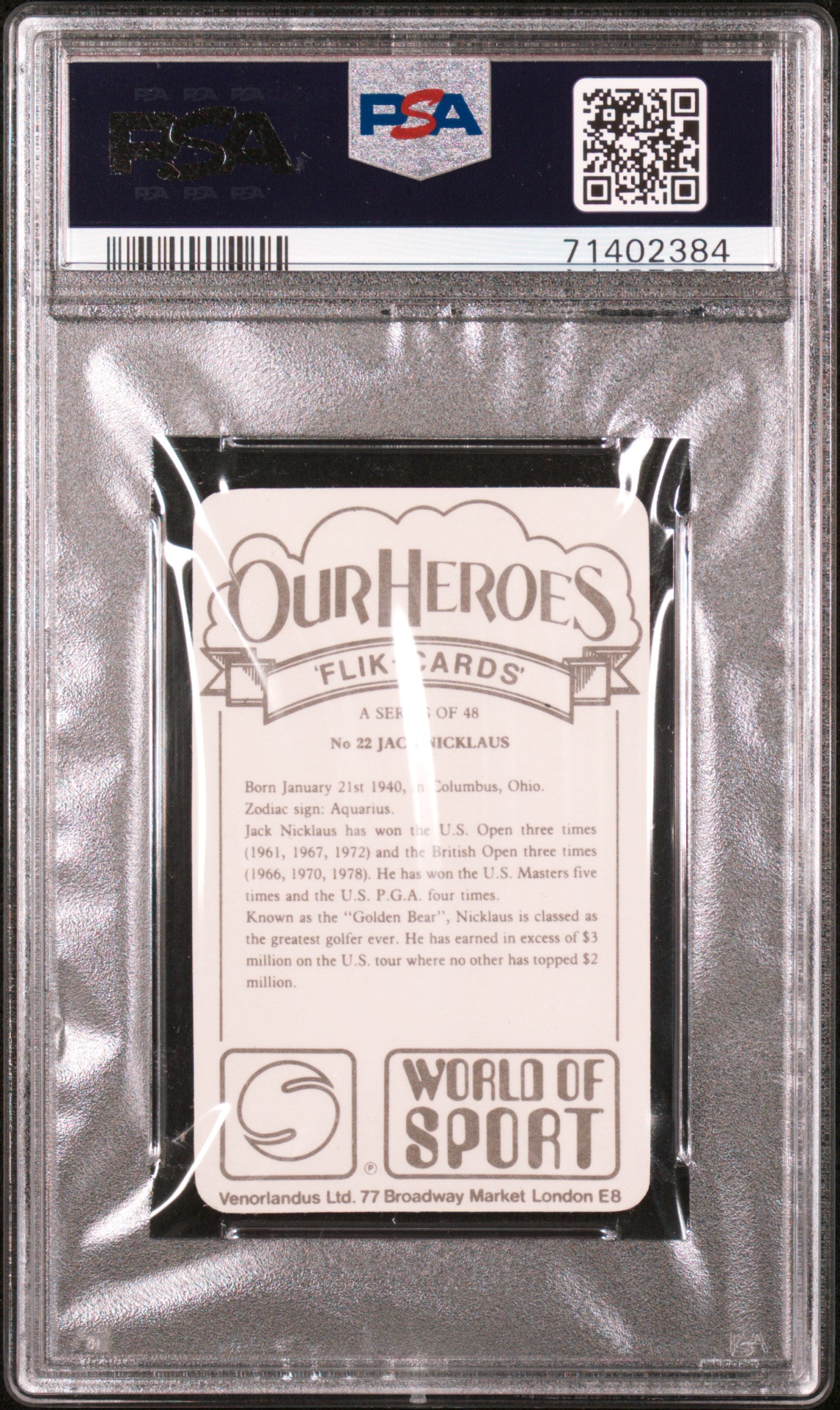 1979 Venorlandus LTD. Our Heroes World Of Sport Jack Nicklaus #22 PSA 9