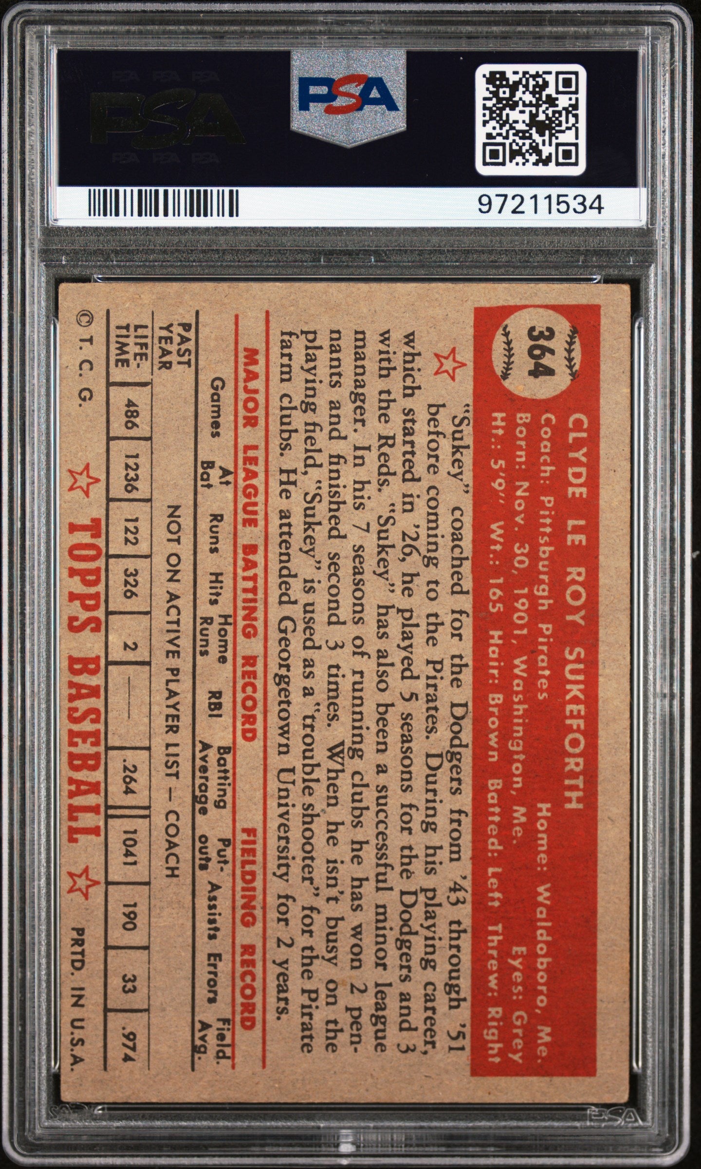 1952 Topps Clyde Sukeforth #364 PSA 4