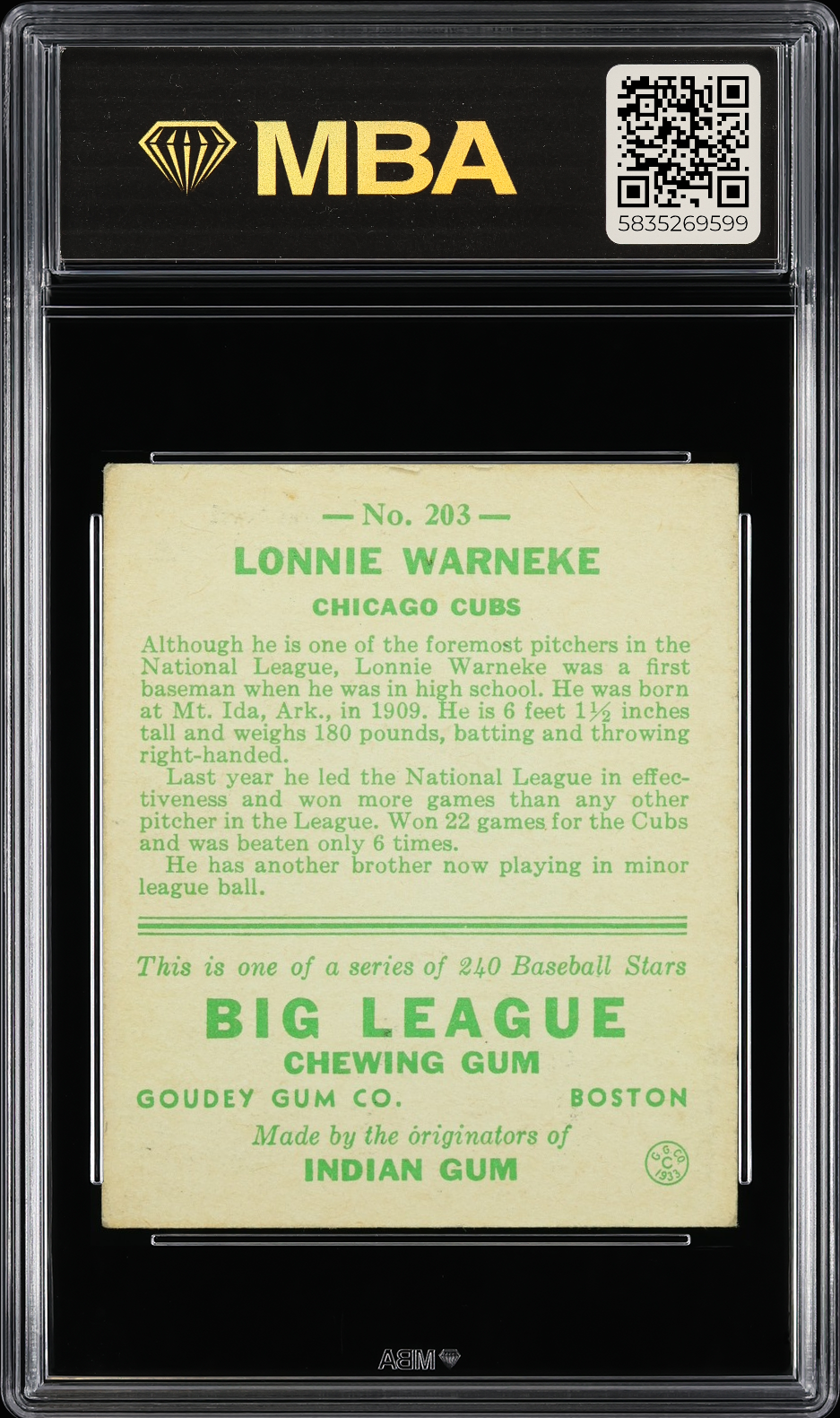 1933 Goudey Lonnie Warneke #203 MBA 4