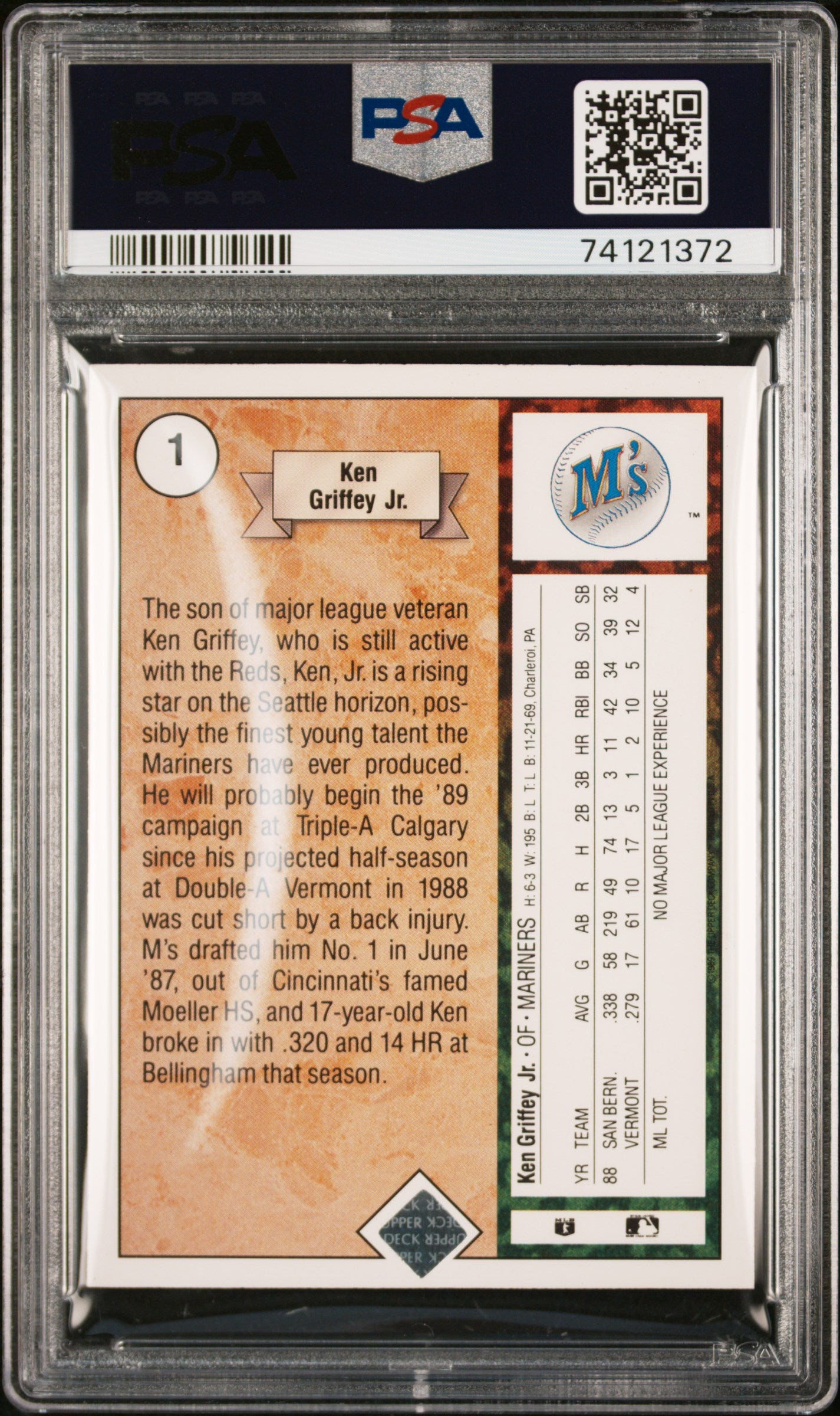 1989 Upper Deck Ken Griffey JR. #1 Star Rookie PSA 7