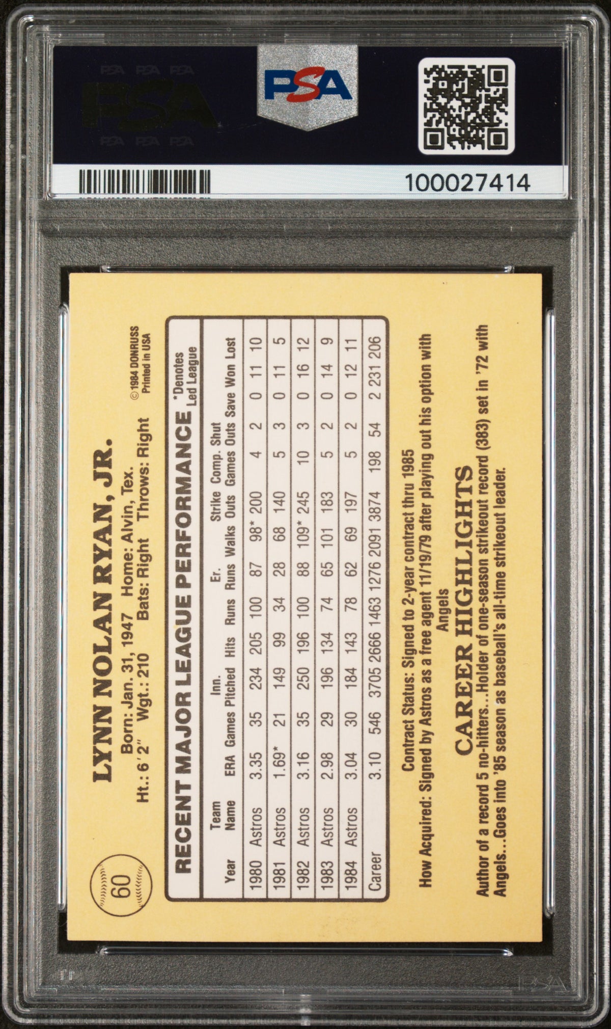 1985 Donruss Nolan Ryan #60 PSA 10