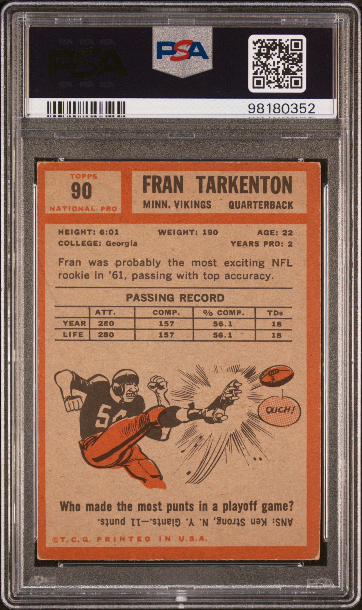1962 Topps Fran Tarkenton #90 PSA 4 Auto 9