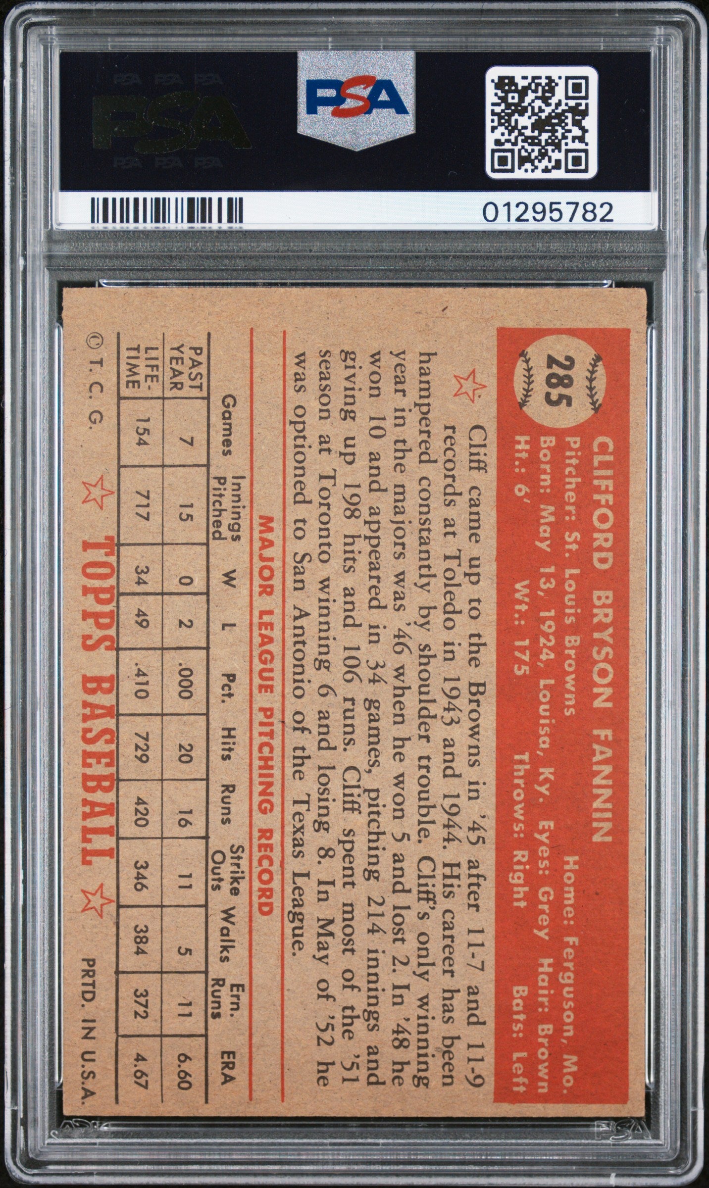 1952 Topps Cliff Fannin #285 PSA 7