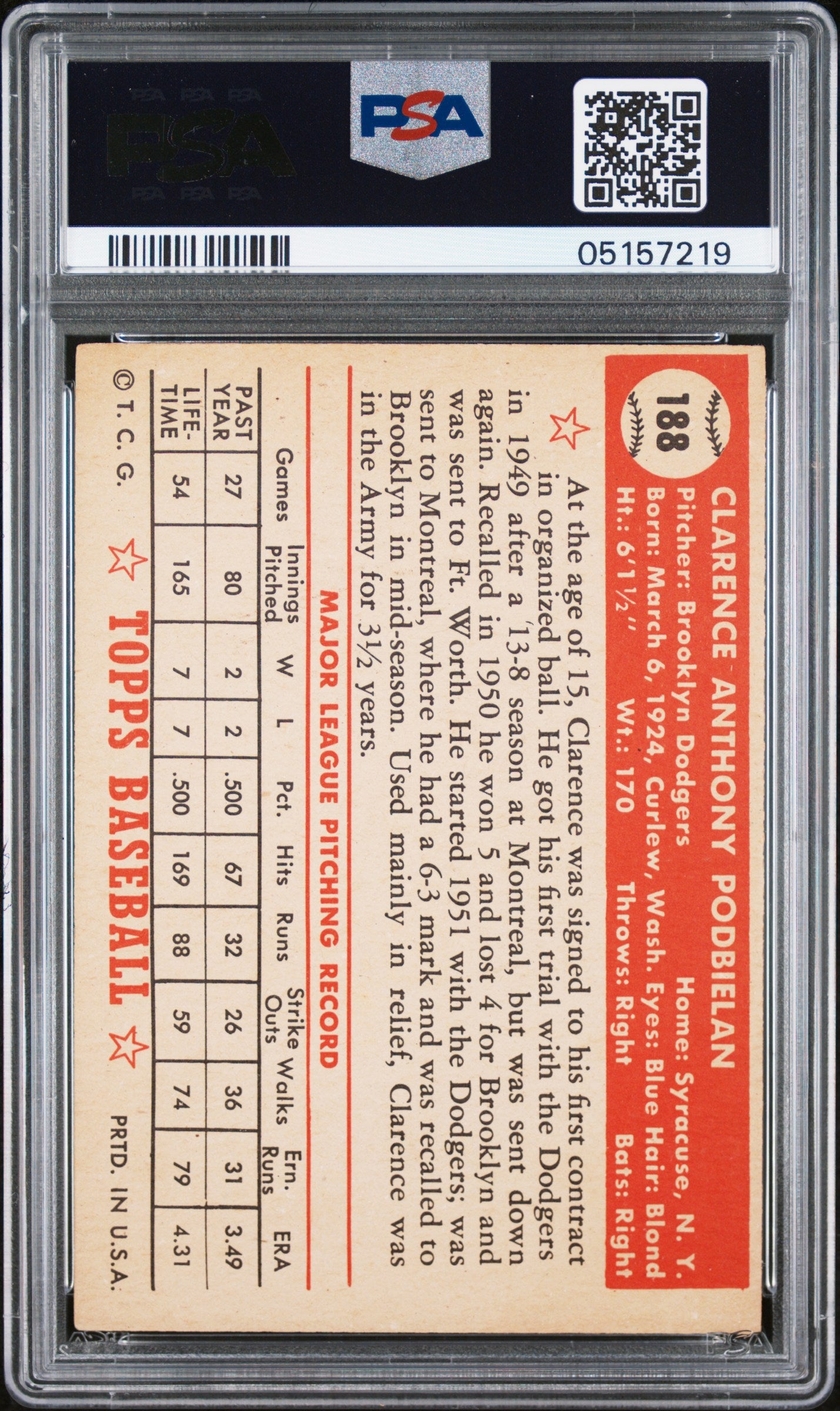 1952 Topps Clarence Podbielan #188 PSA 7
