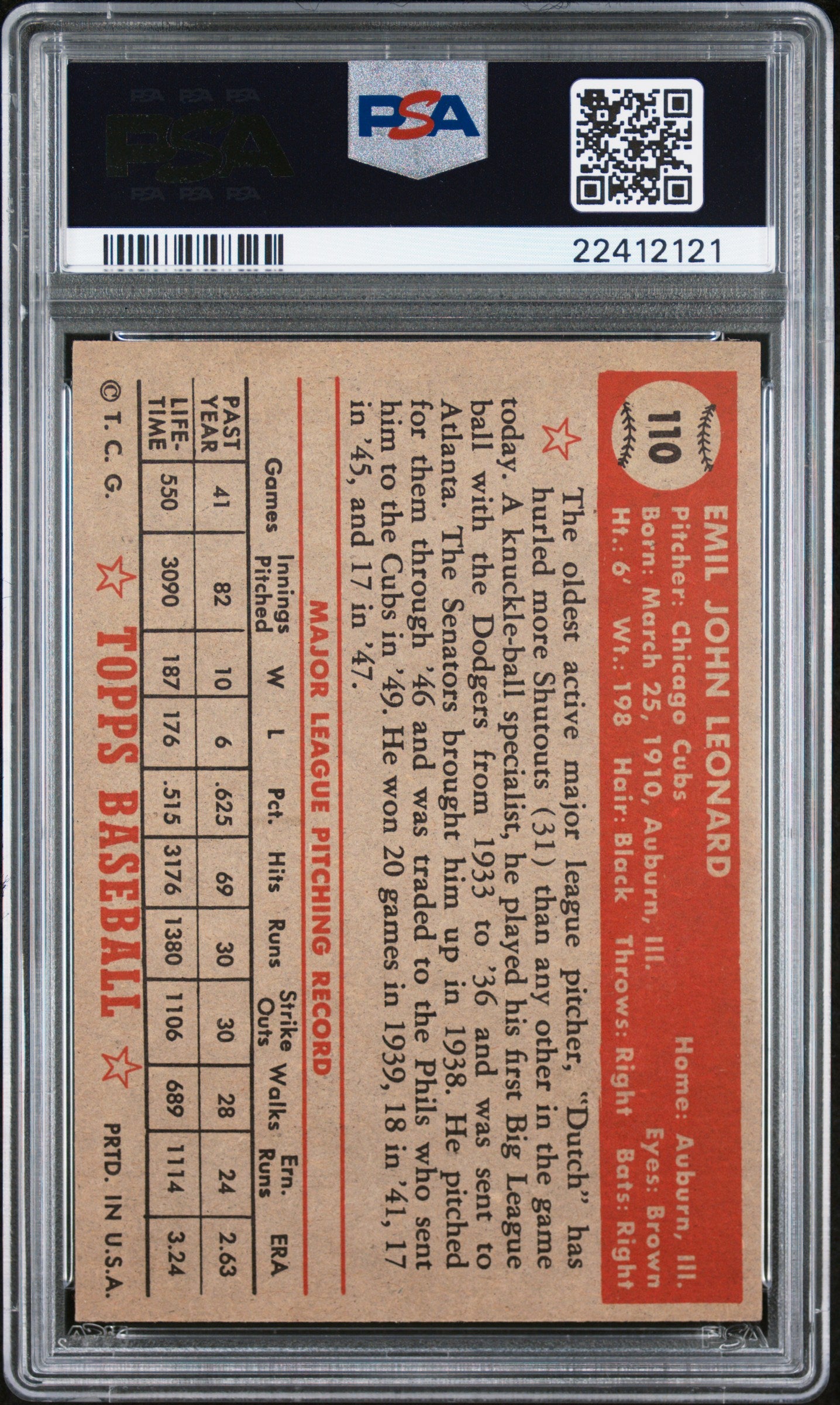 1952 Topps Dutch Leonard #110 PSA 7