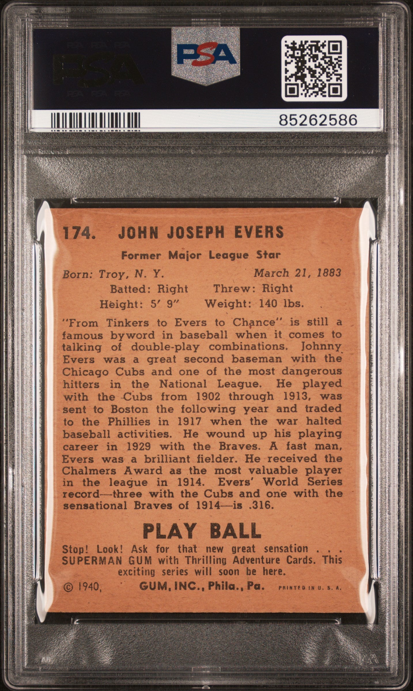 1940 Play Ball Johnny Evers #174 PSA 4