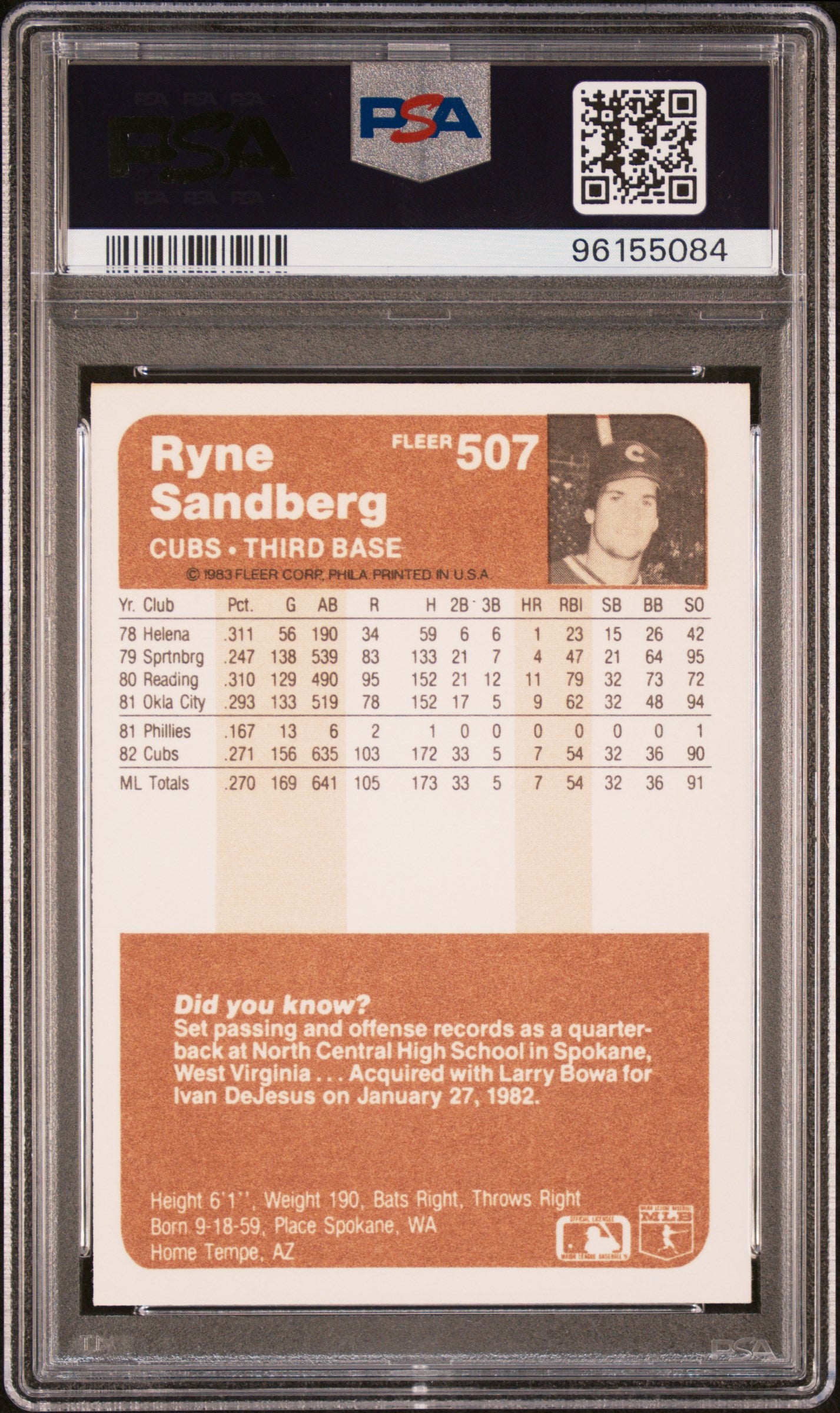 1983 Fleer Ryne Sandberg #507 PSA 10