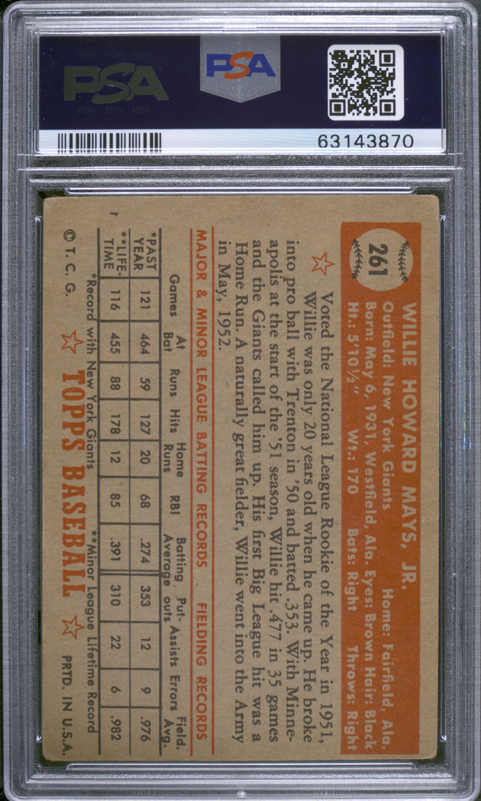 1952 Topps Willie Mays #261 PSA 3