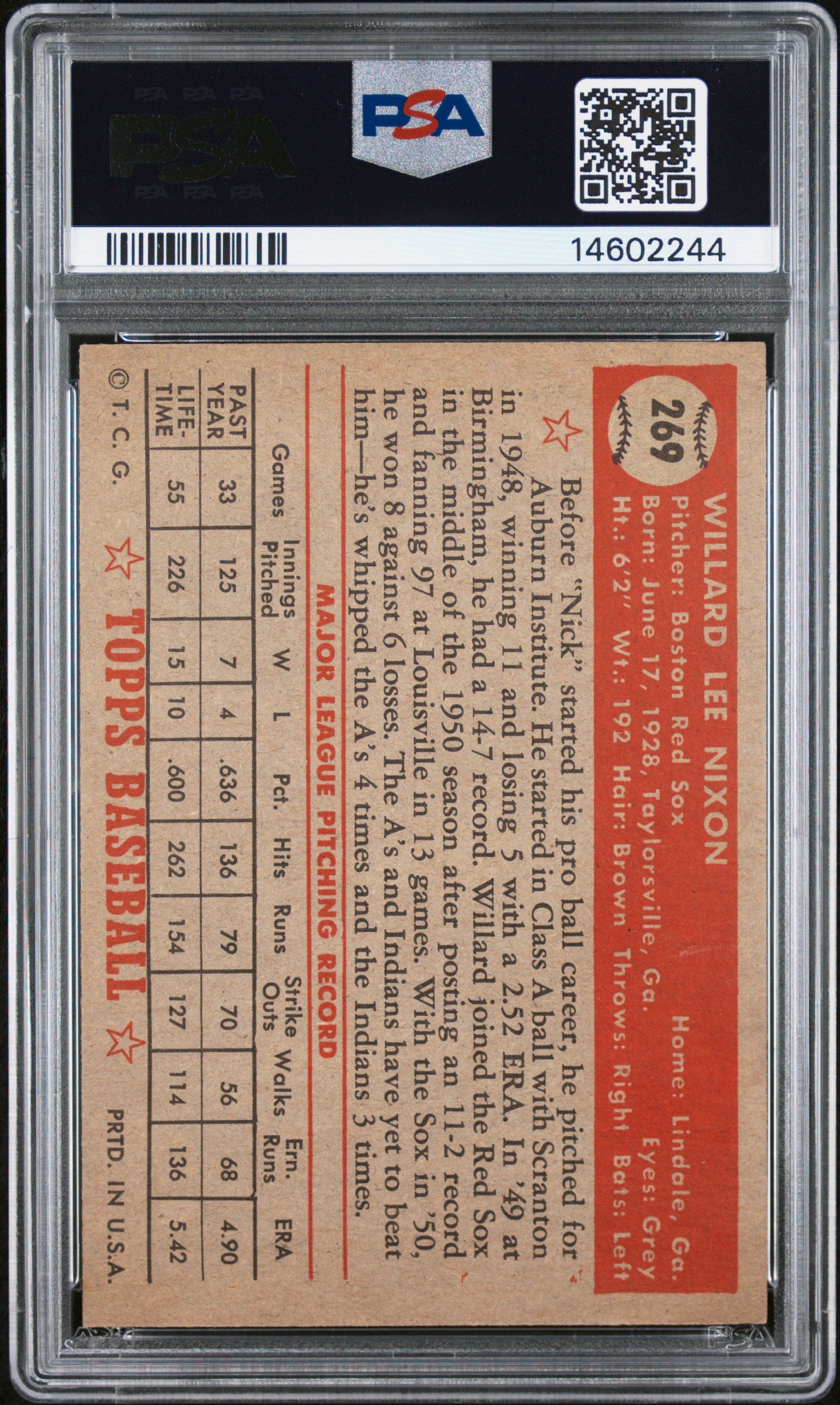 1952 Topps Willard Nixon #269 PSA 7