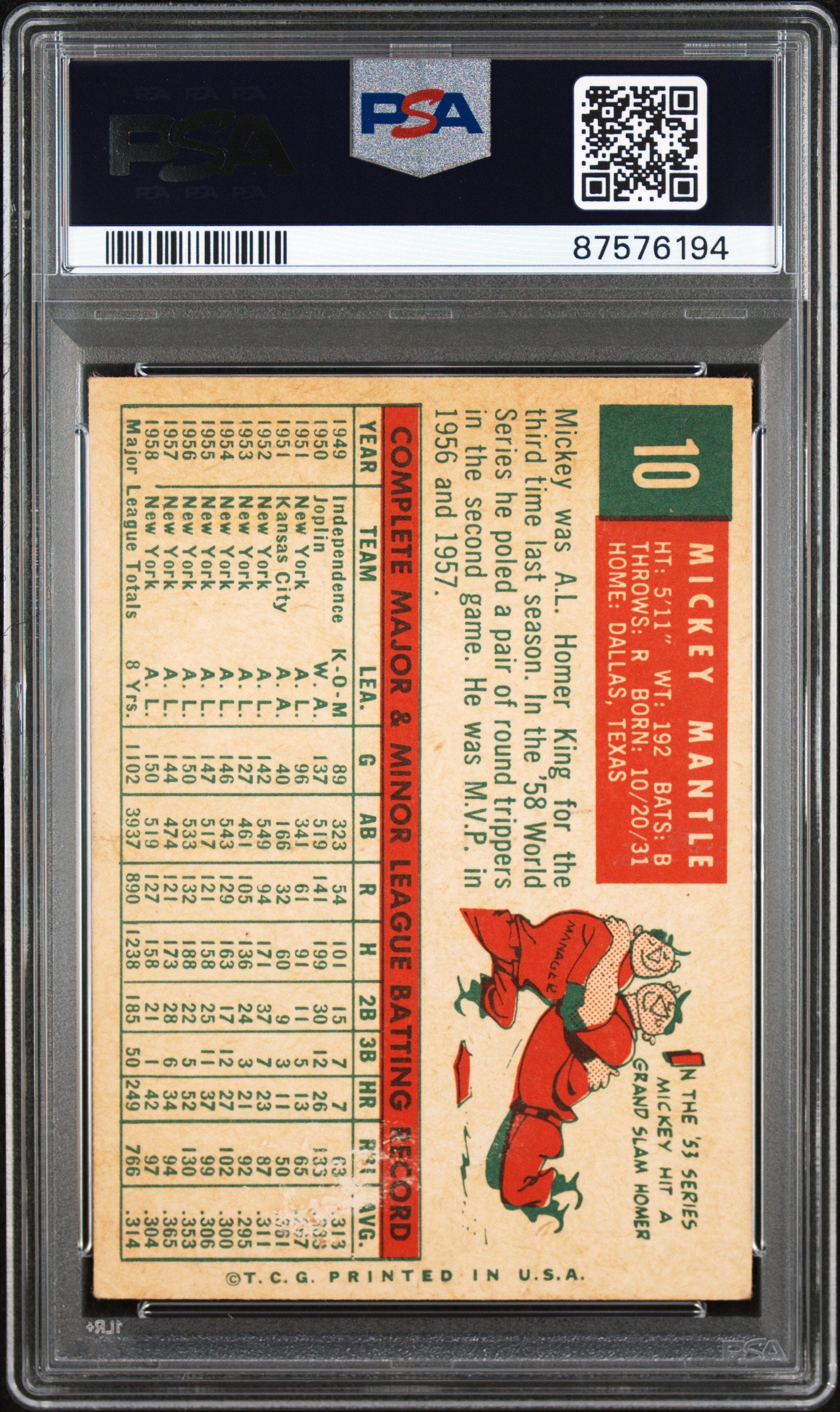 1959 Topps Mickey Mantle #10 PSA 3