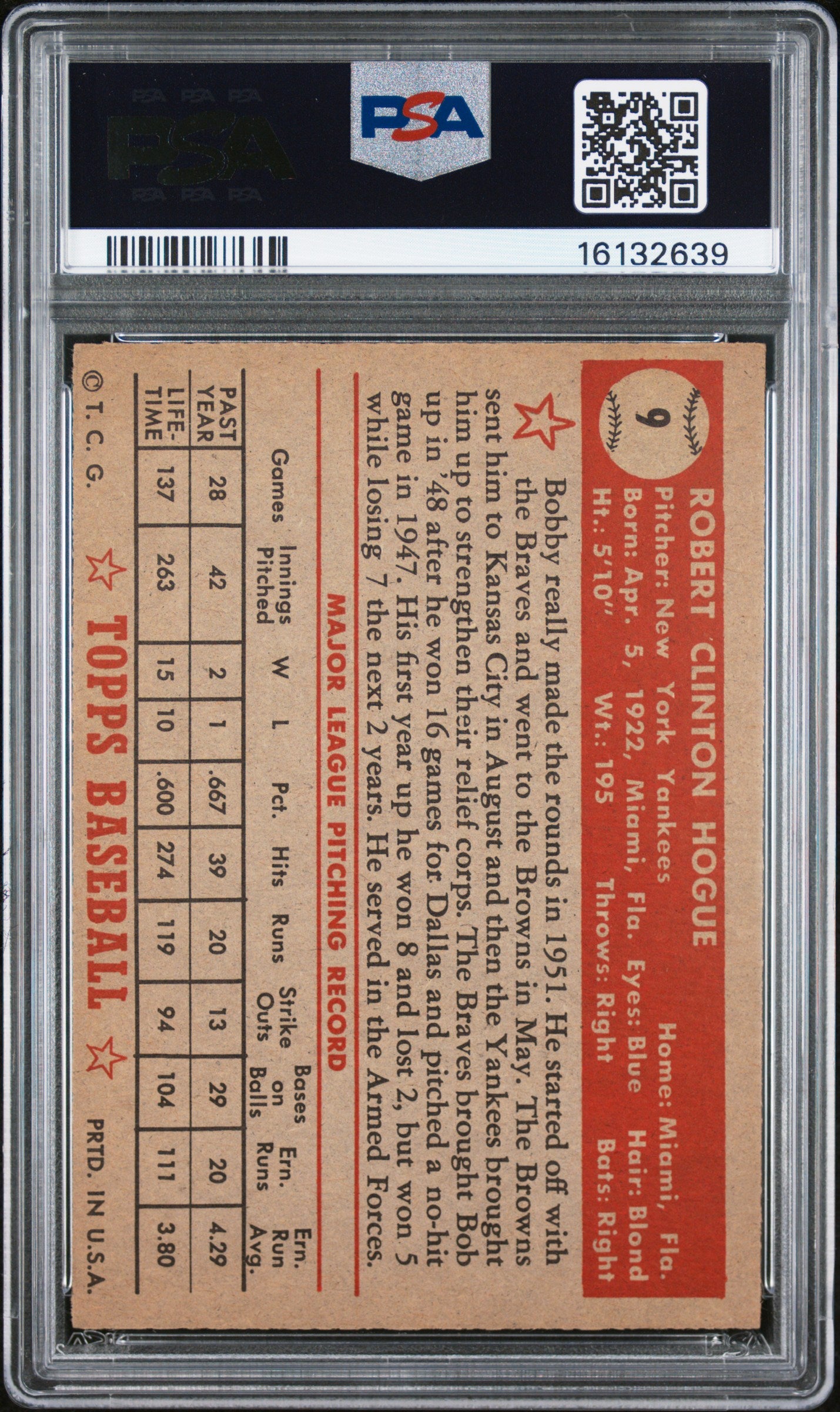 1952 Topps Bobby Hogue #9 PSA 7