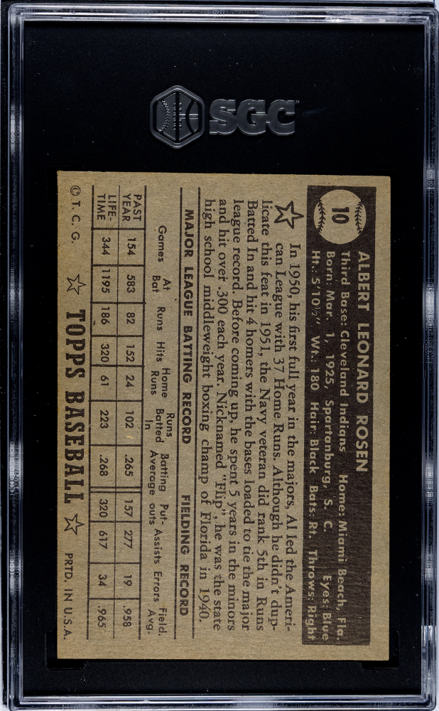 1952 Topps Al Rosen #10 Black Back SGC 4